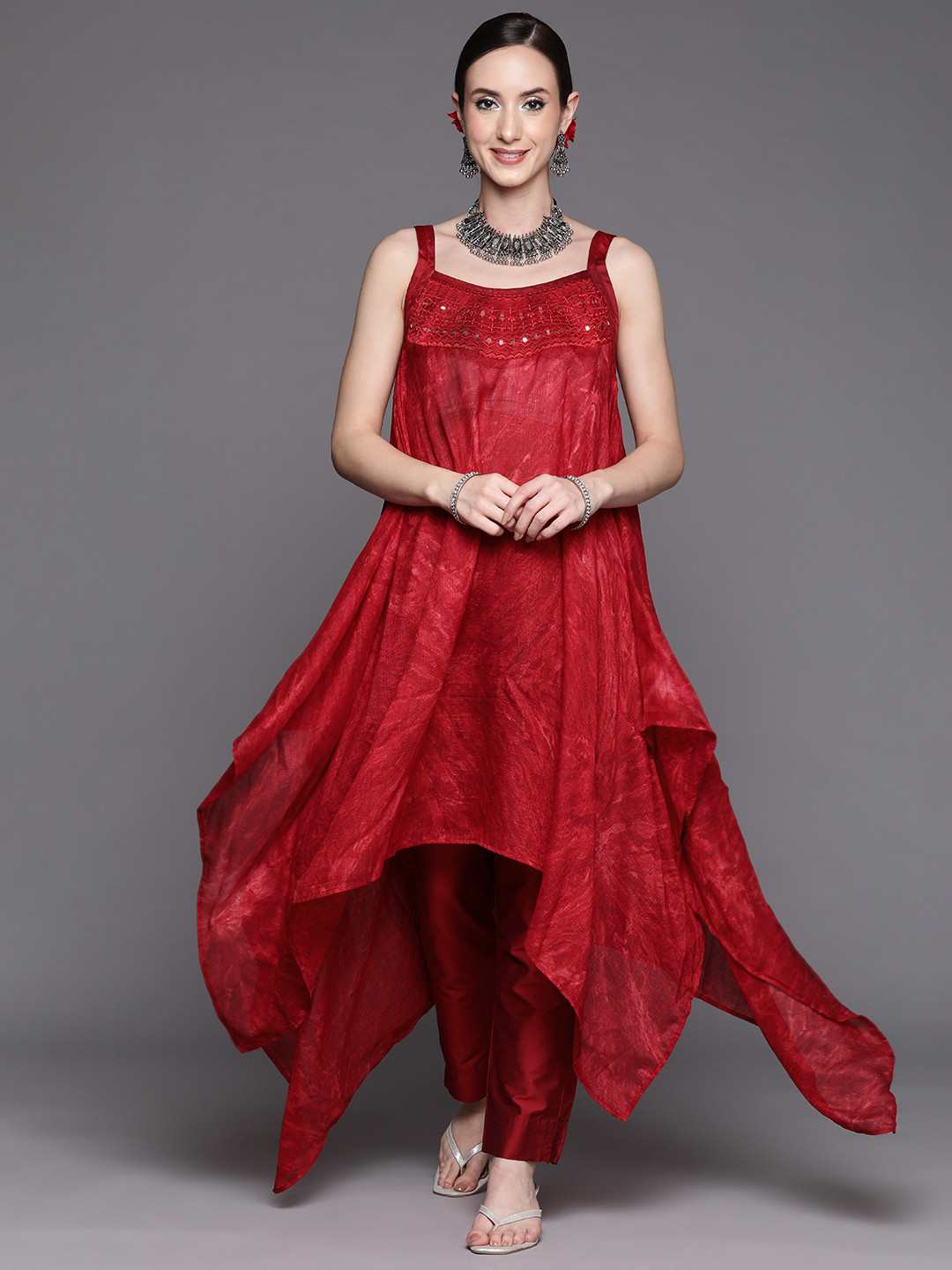 

Inddus Women Red Yoke Design Thread Work Kurta with Trousers
