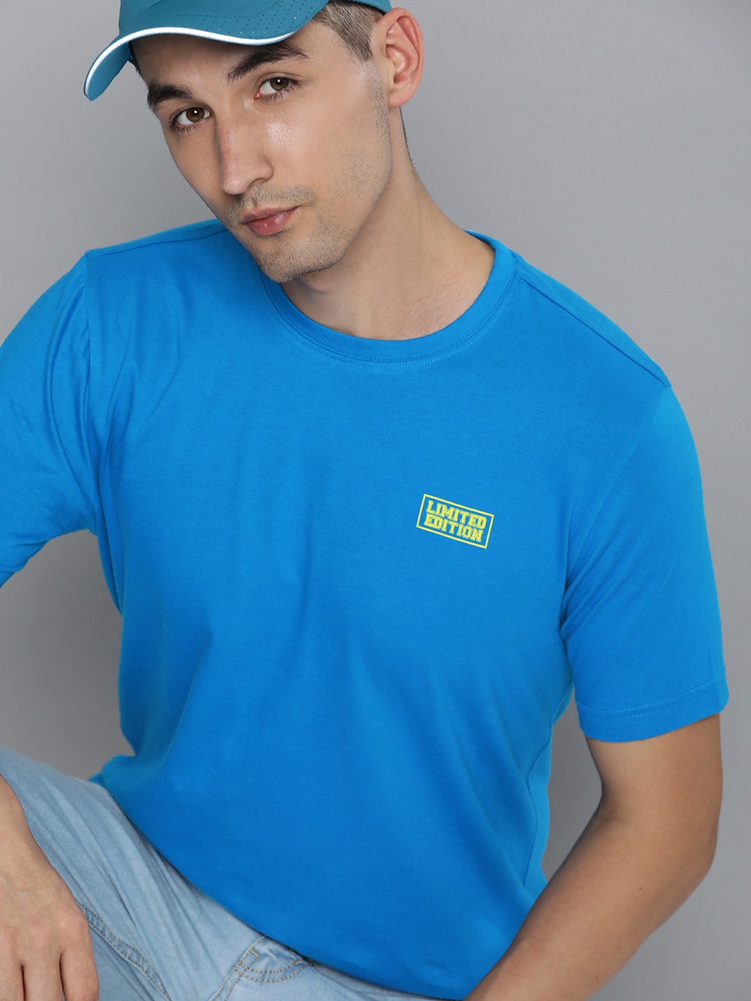 

HERE&NOW Men Blue Pure Cotton Round Neck T-Shirt