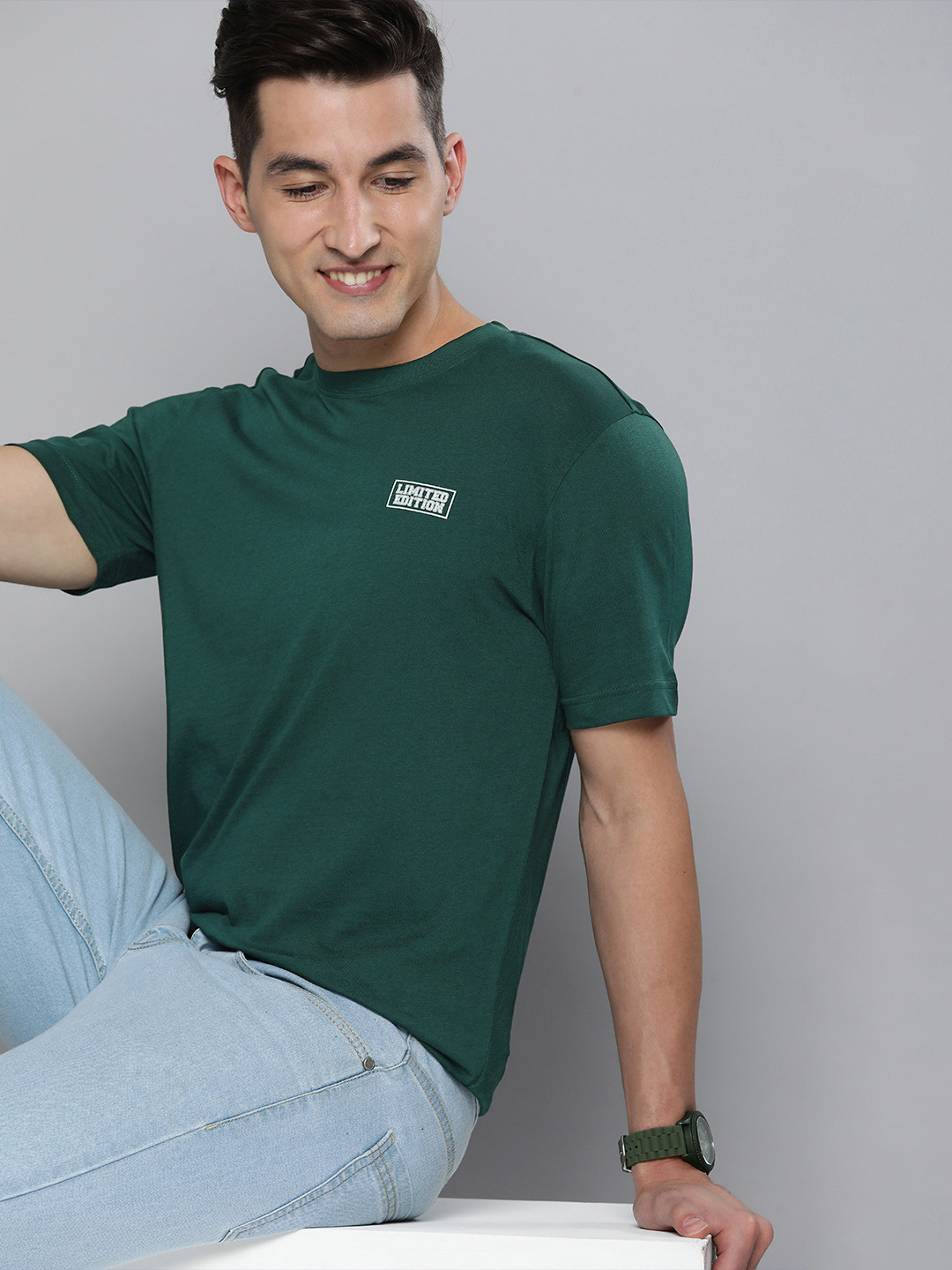 

HERE&NOW Men Teal Green Pure Cotton T-shirt