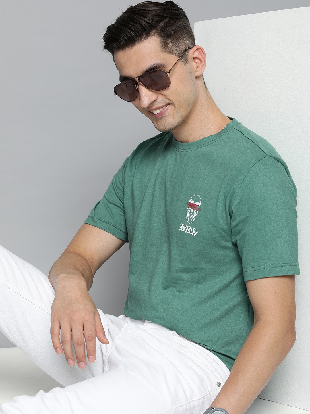 

HERE&NOW Men Green Printed Pure Cotton T-shirt