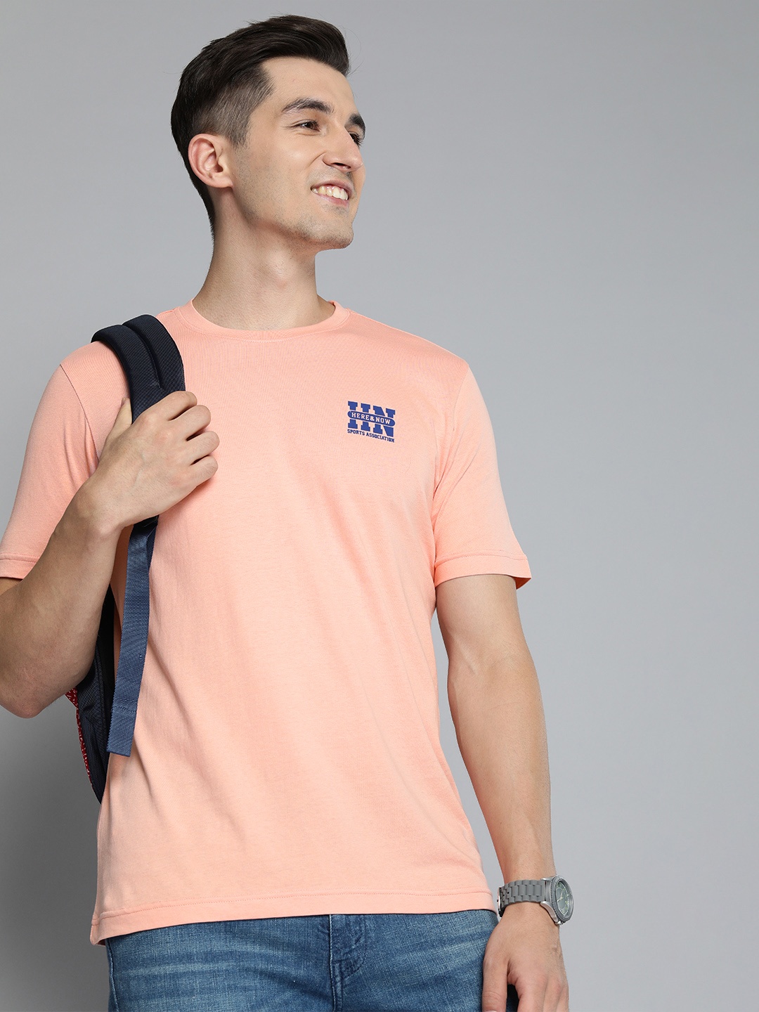 

HERE&NOW Men Coral Pink Pure Cotton T-shirt