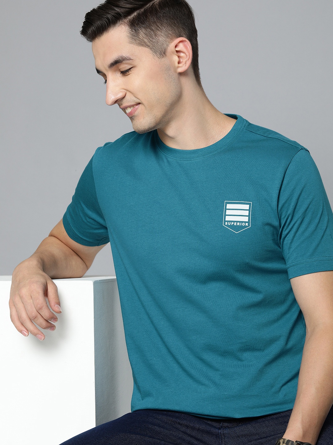 

HERE&NOW Men Teal Pure Cotton T-shirt