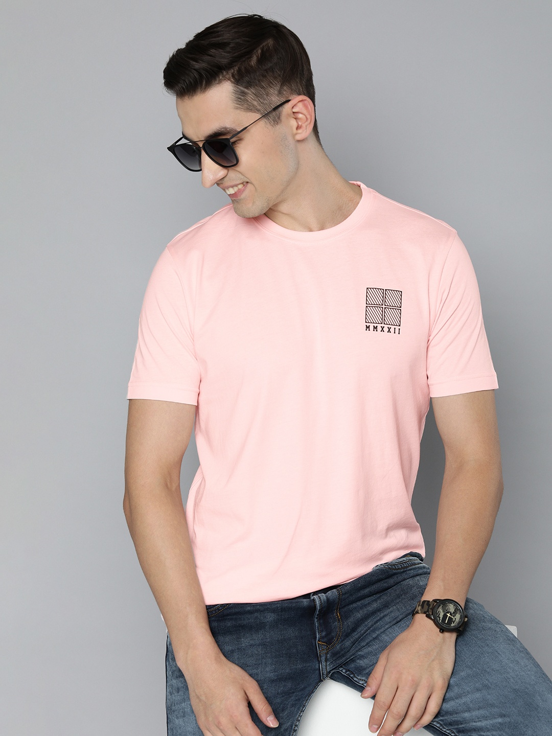 

HERE&NOW Men Peach-Coloured Pure Cotton T-shirt