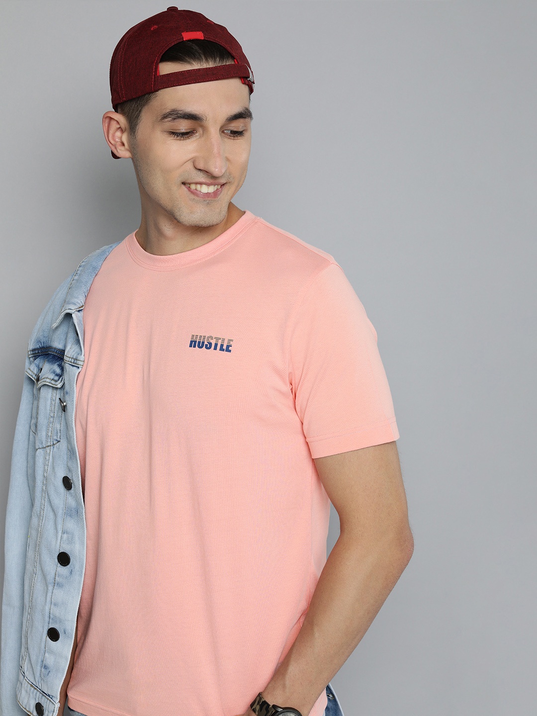 

HERE&NOW Men Peach-Coloured Pure Cotton T-shirt