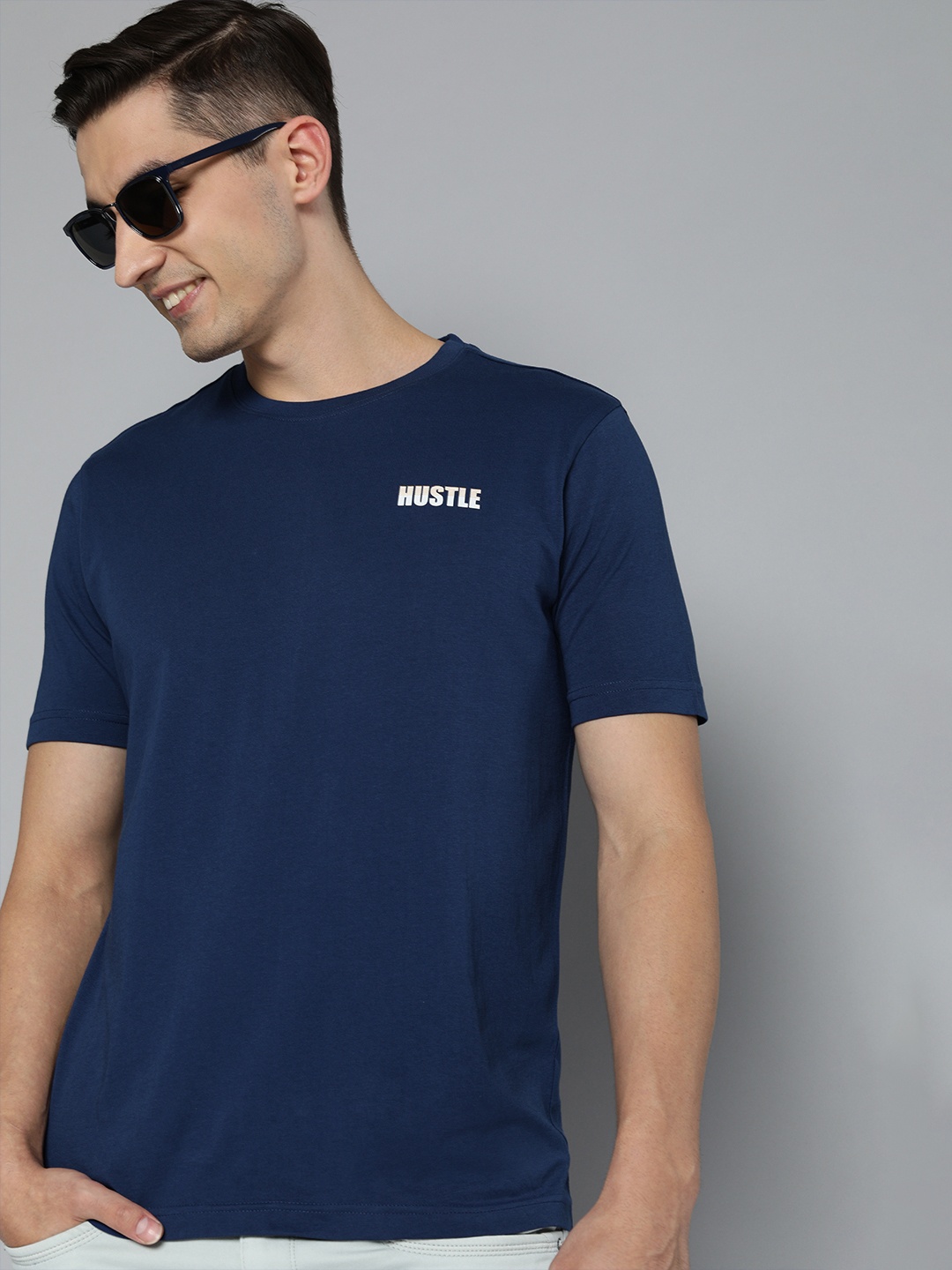 

HERE&NOW Men Navy Blue Pure Cotton T-shirt
