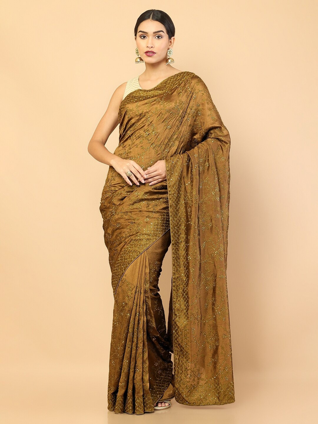 

Soch Olive Green Floral Embroidered Pure Georgette Saree