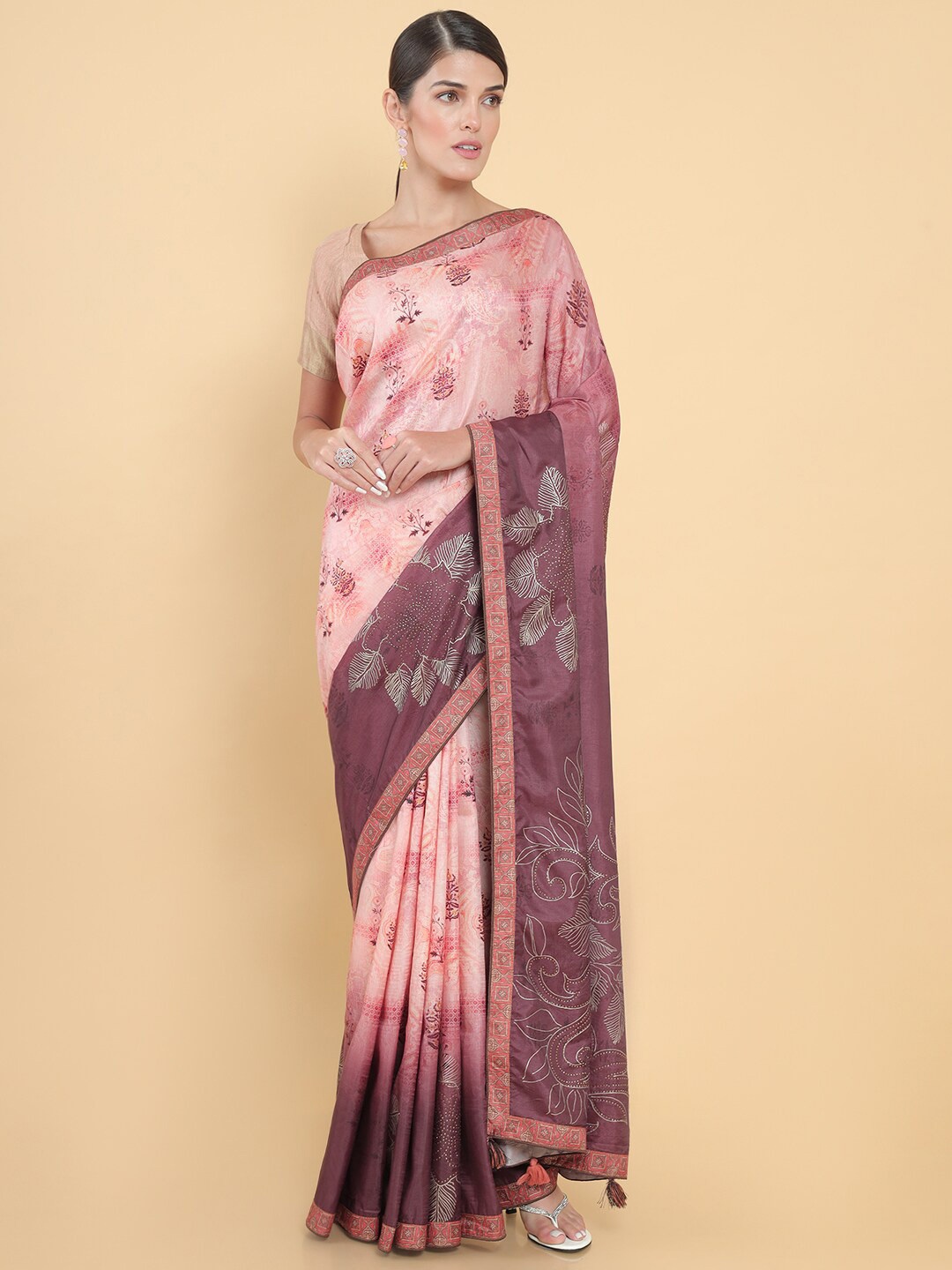 

Soch Women Peach Floral Printed Pure Silk Saree