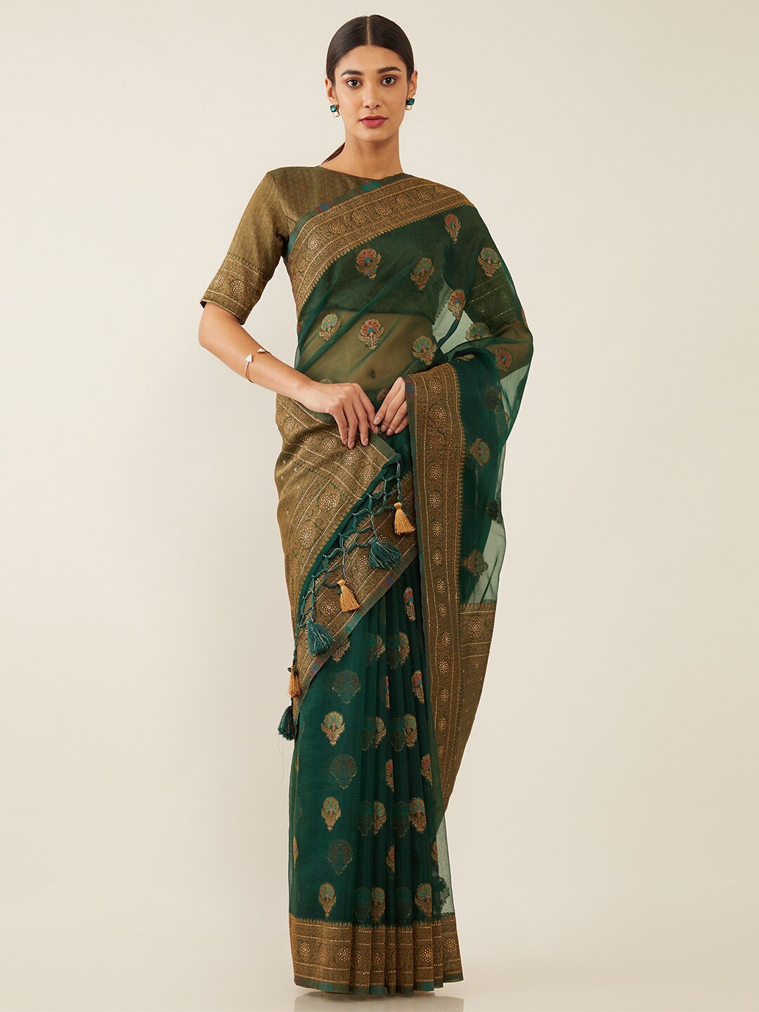 

Soch Green & Gold-Toned Woven Design Zari Organza Saree