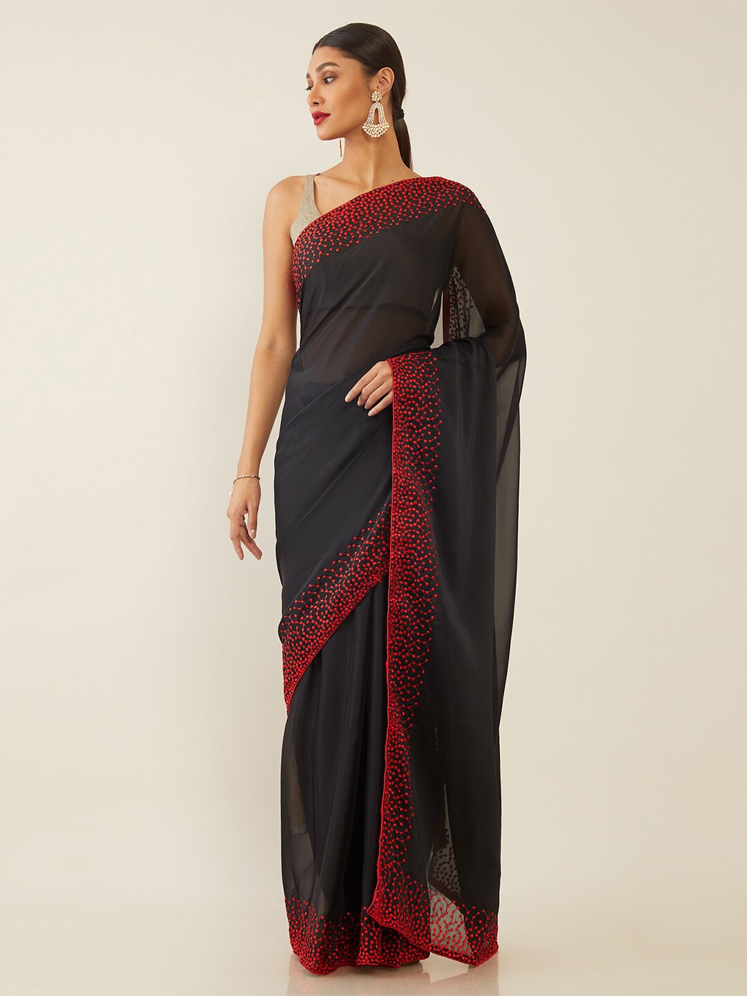 

Soch Black & Red Embroidered Pure Georgette Saree