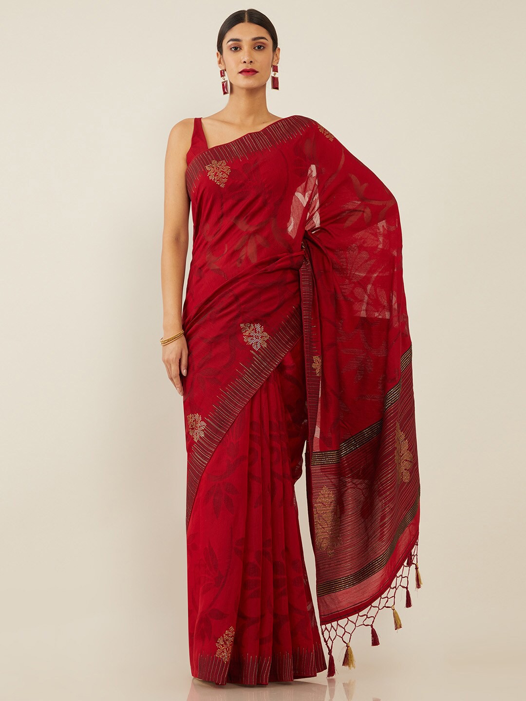 

Soch Maroon & Gold-Toned Floral Pure Silk Saree