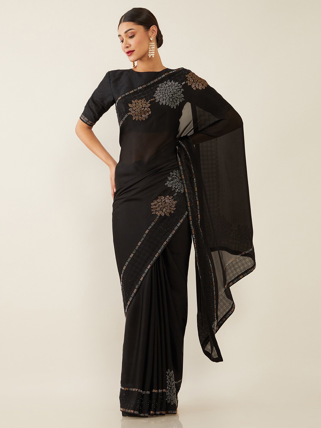 

Soch Women Black Floral Embellished Silk Blend Saree