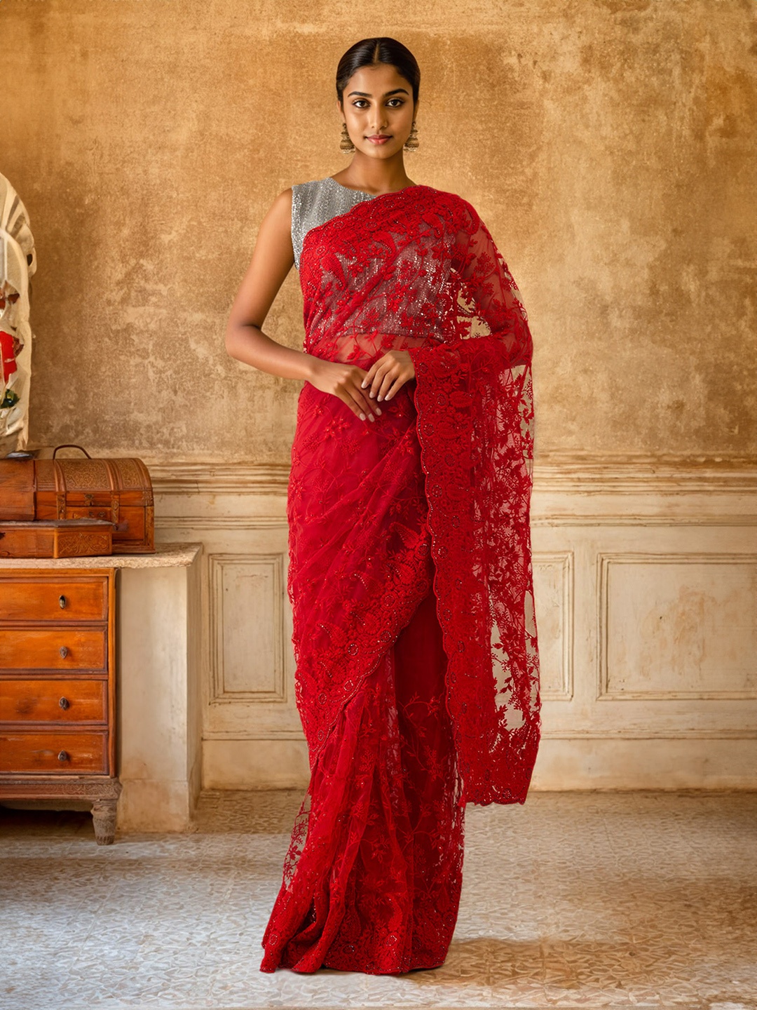 

Soch Women Red Embroidered Net Saree