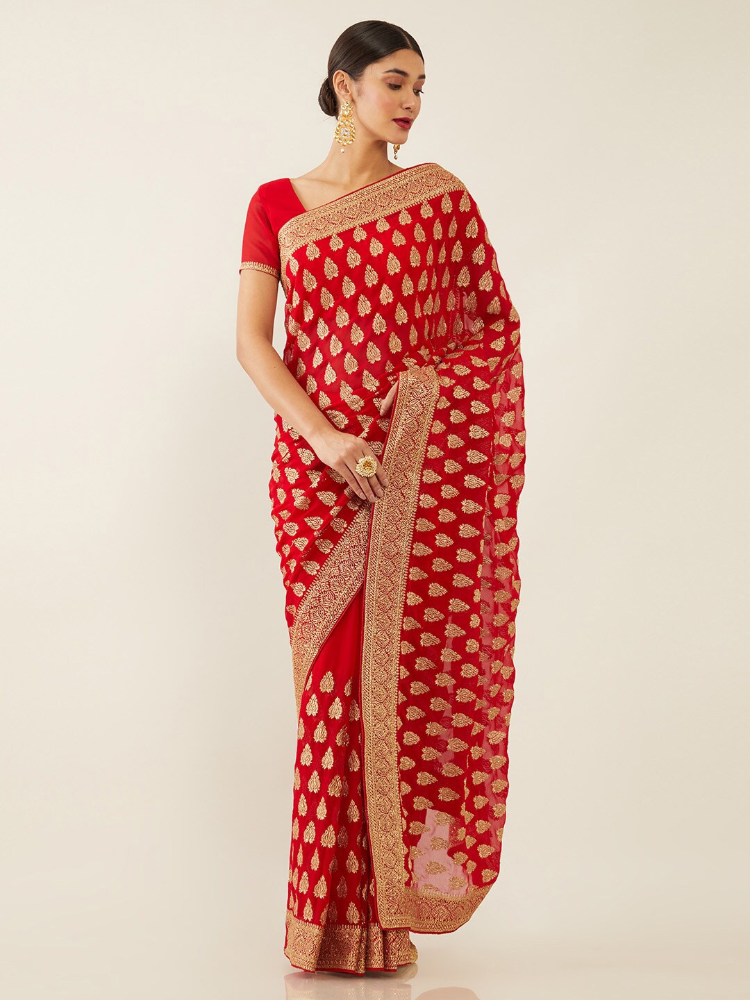 

Soch Red & Gold-Toned Woven Design Zari Pure Georgette Saree