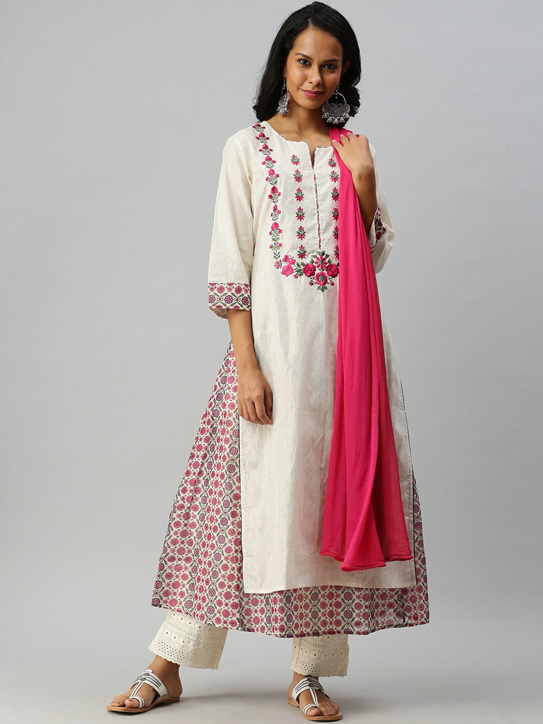 

Soch Women Off White Embroidered Layered Kurta with Trousers & With Dupatta
