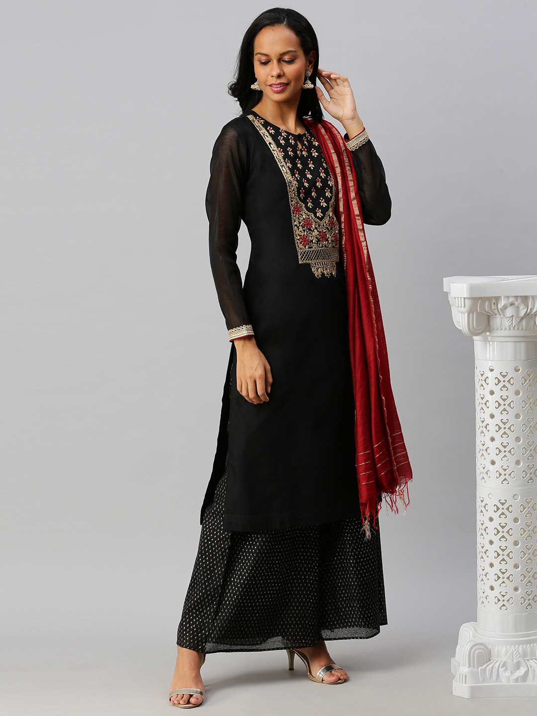 

Soch Women Black Embroidered Angrakha Chanderi Silk Kurta with Palazzos & Dupatta