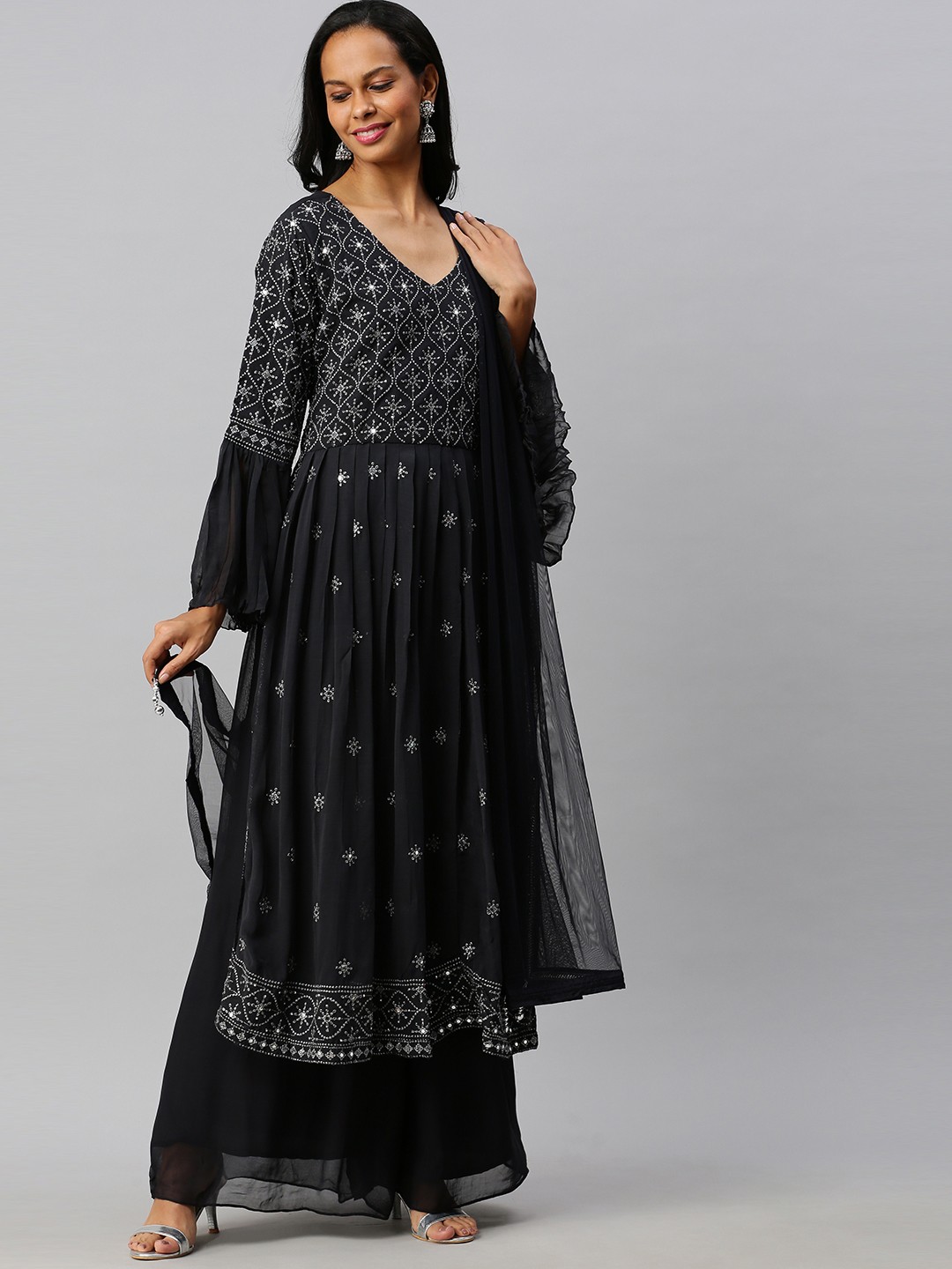 

Soch Women Black Ethnic Motifs Embroidered Pleated Kurta with Sharara & Dupatta