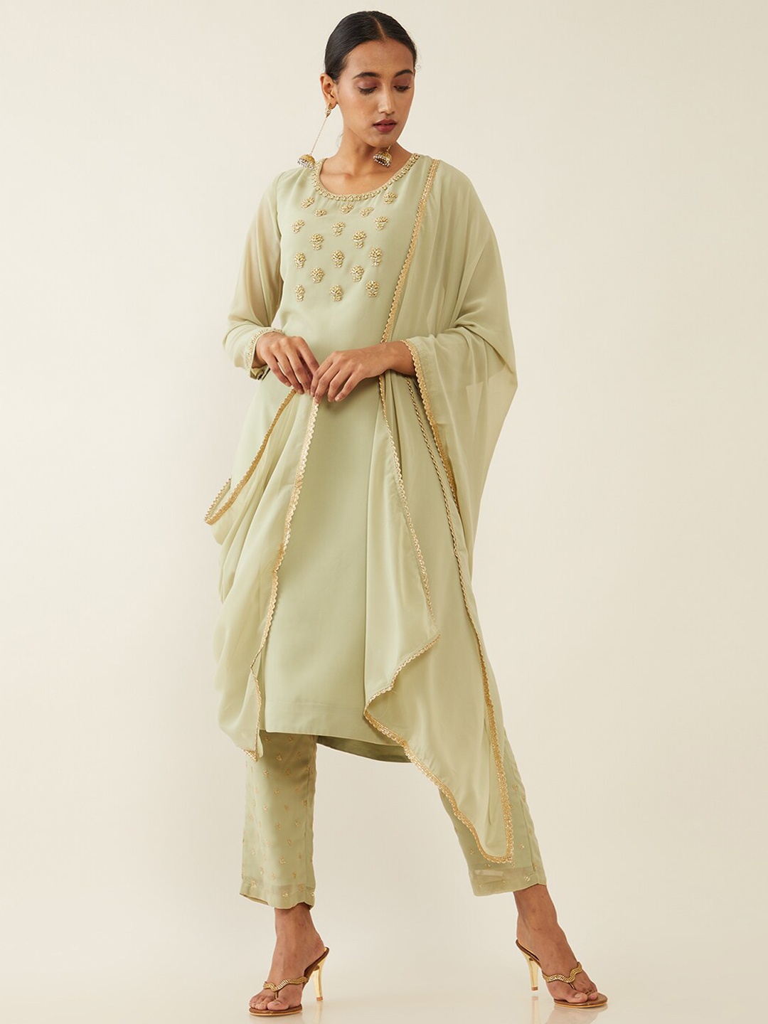 

Soch Women Green Ethnic Motifs Beads and Stones Kurta with Trousers & Dupatta
