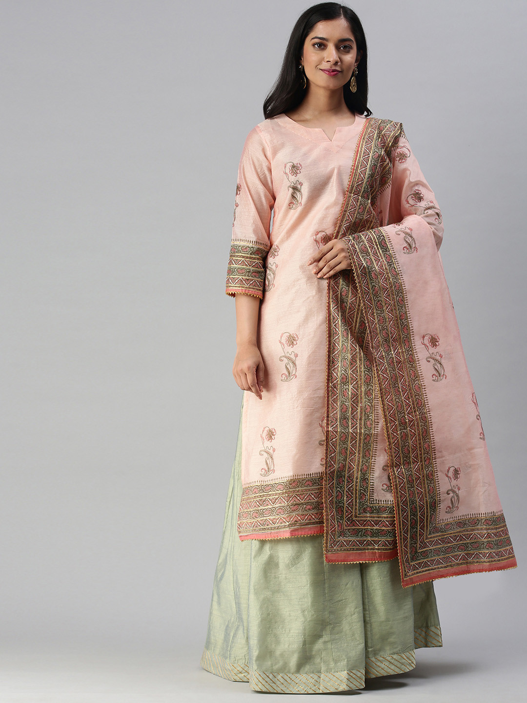 

Soch Women Peach-Coloured Printed Chanderi Silk Kurta with Skirt & Dupatta