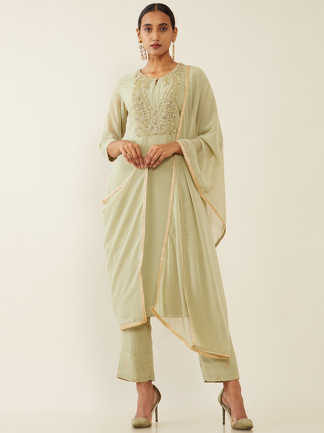 

Soch Women Green Yoke Design Thread Work Kurta with Trousers & With Dupatta