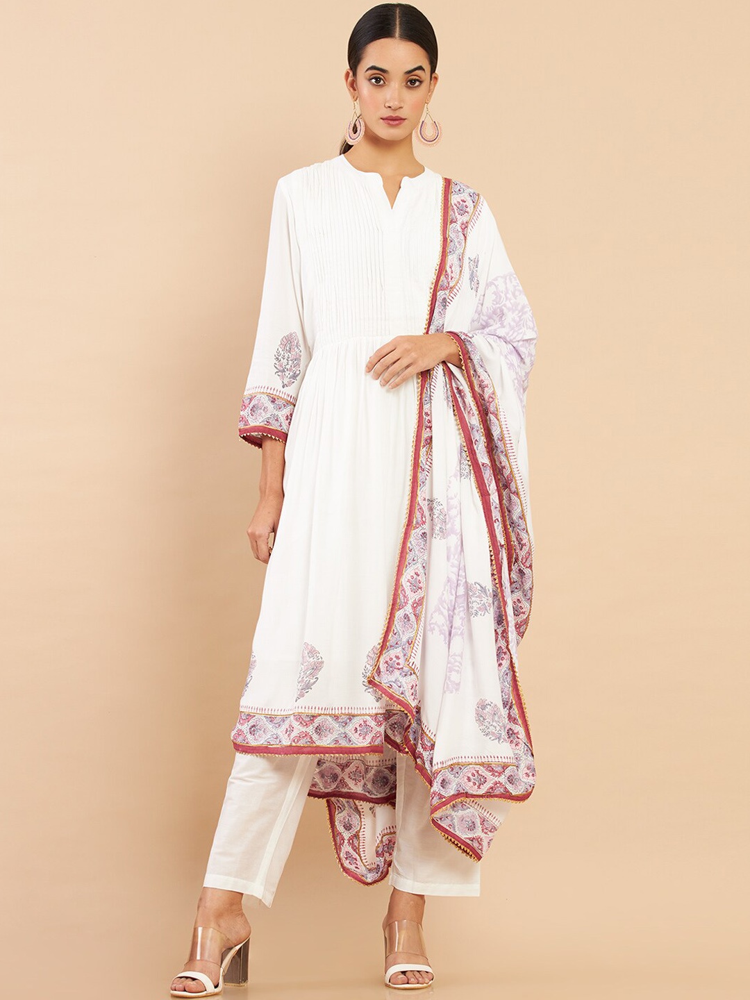 

Soch Women White Printed Panelled Kurta with Trousers & With Dupatta