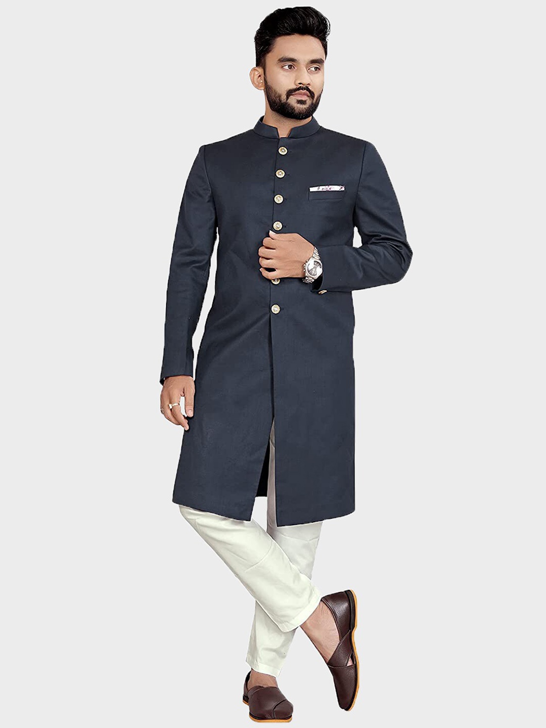 

amzira Men Navy-Blue & White Solid Cotton Sherwani Set