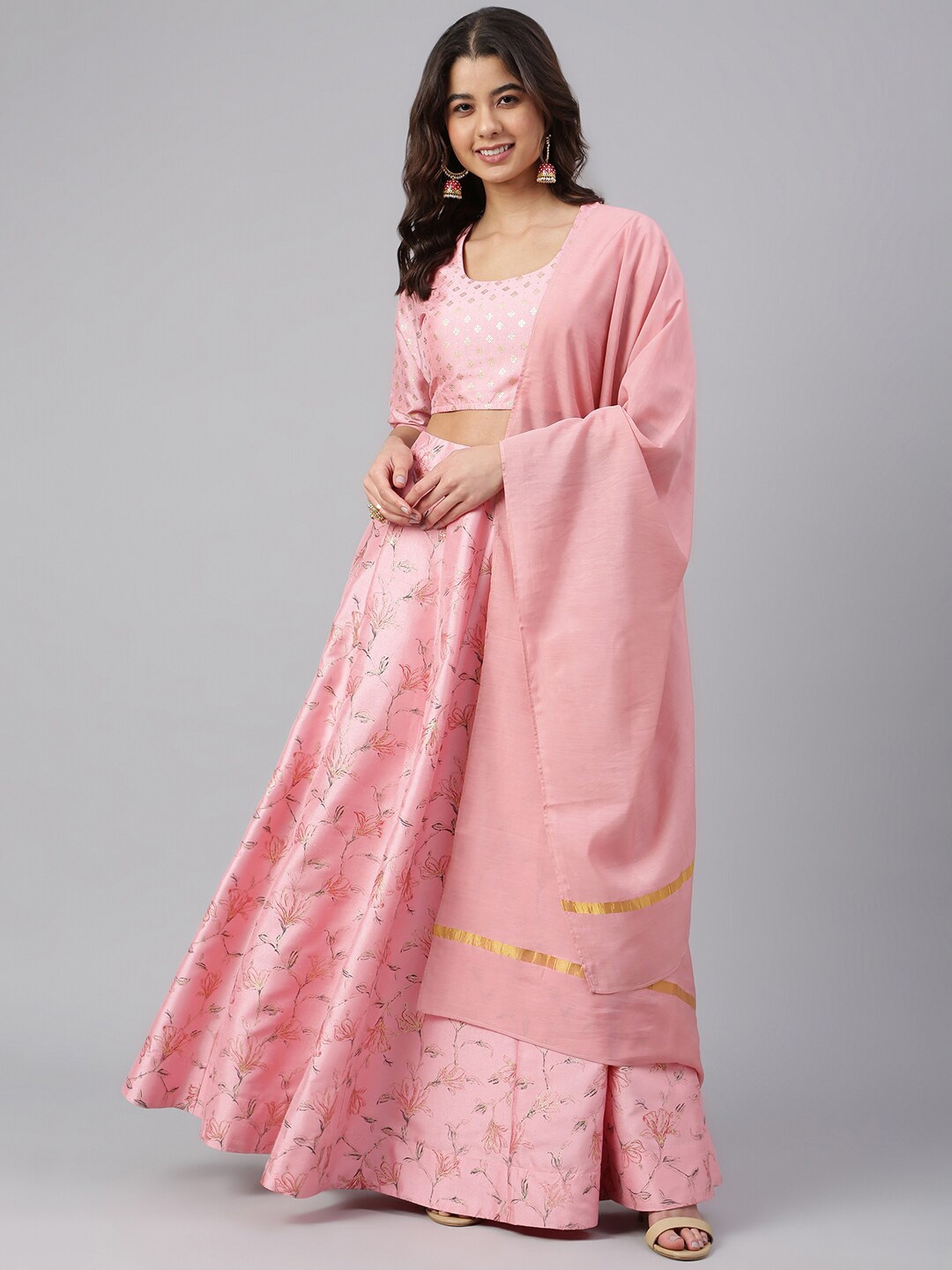

Janasya Women Foil Printed Poly Silk Lehenga Choli with Dupatta, Pink