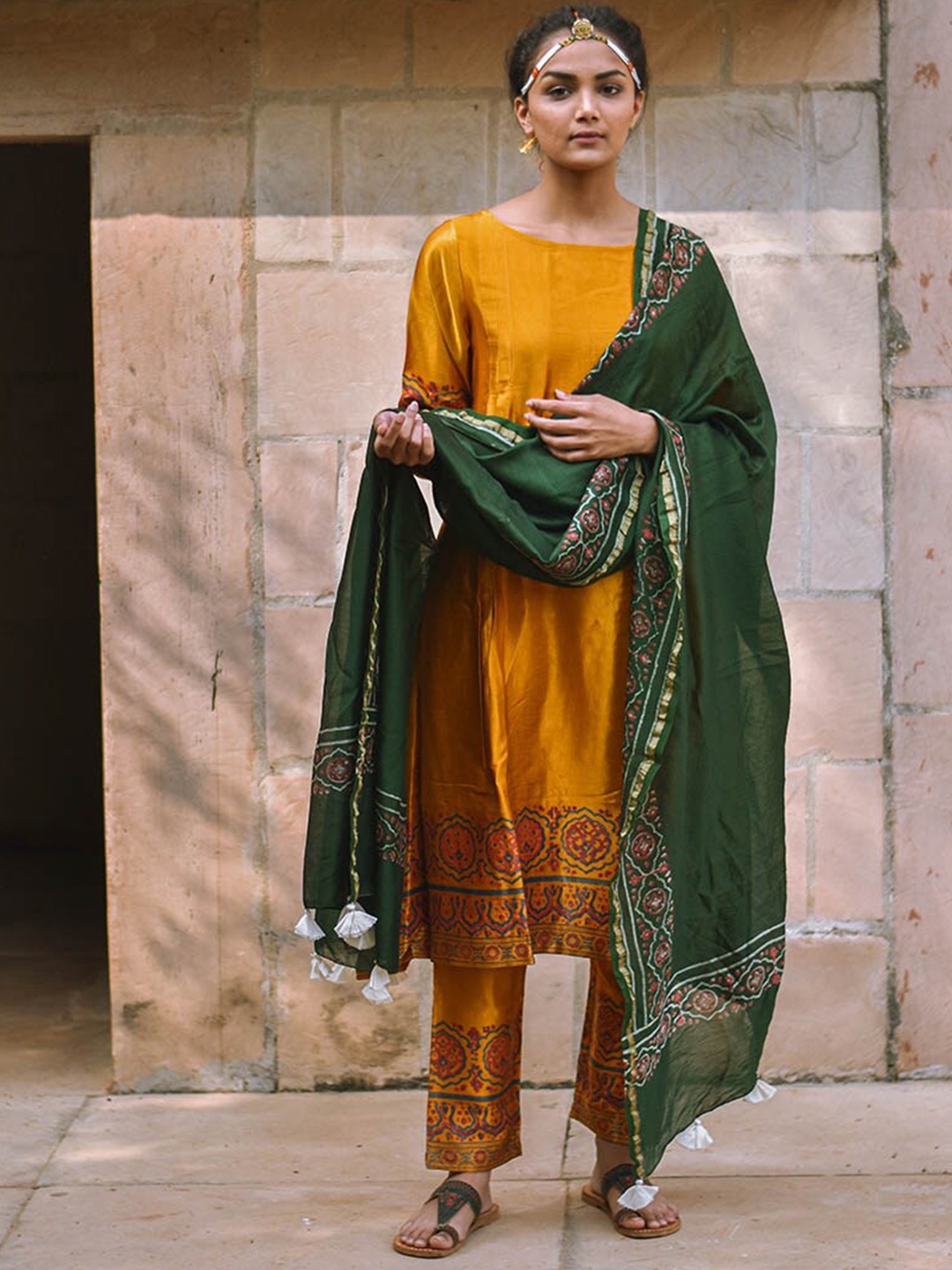 

Chidiyaa Women Mustard Yellow Kurta with Trousers & With Dupatta