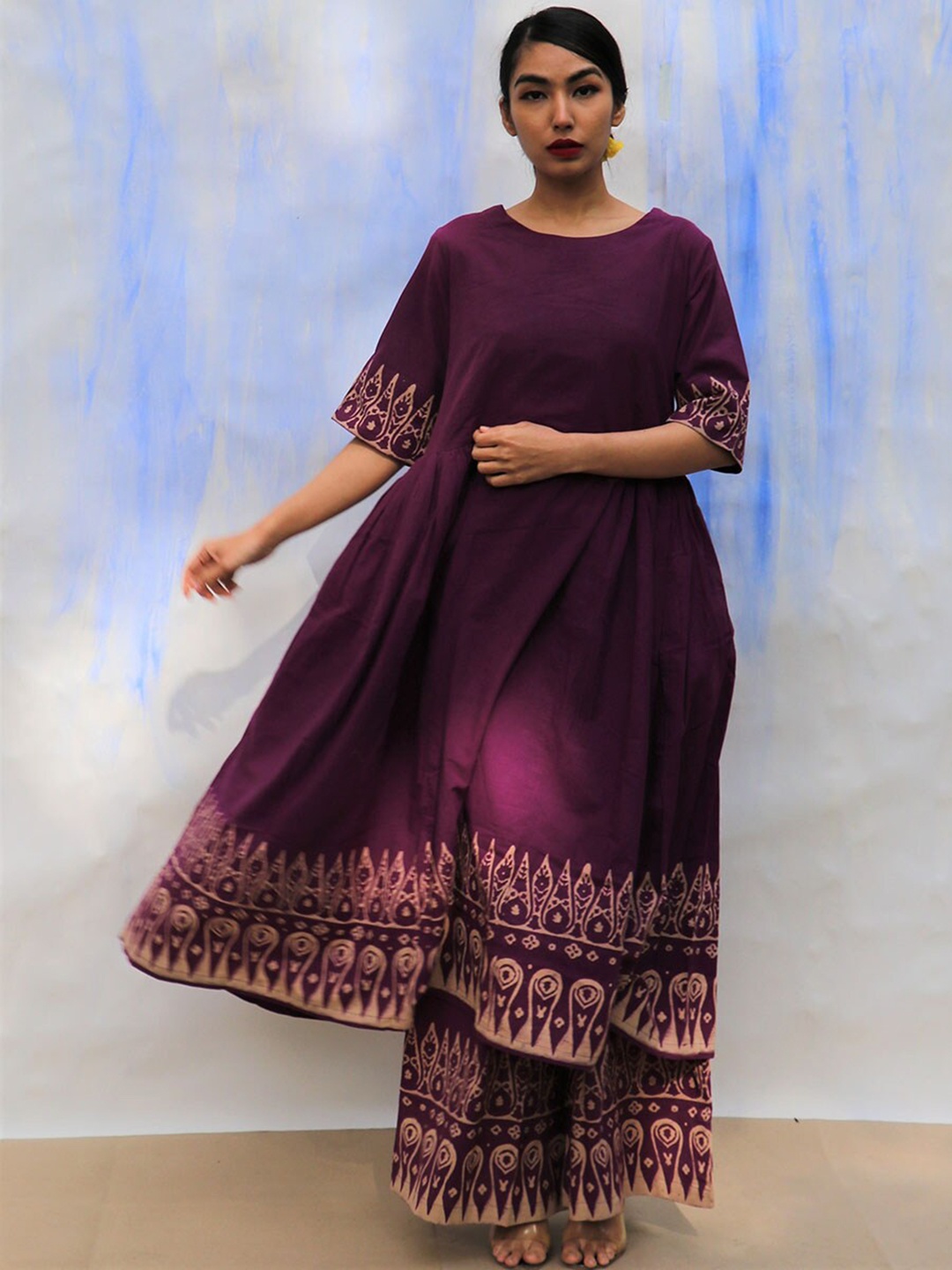 

Chidiyaa Women Purple Printed Pure Cotton Kurta with Palazzos