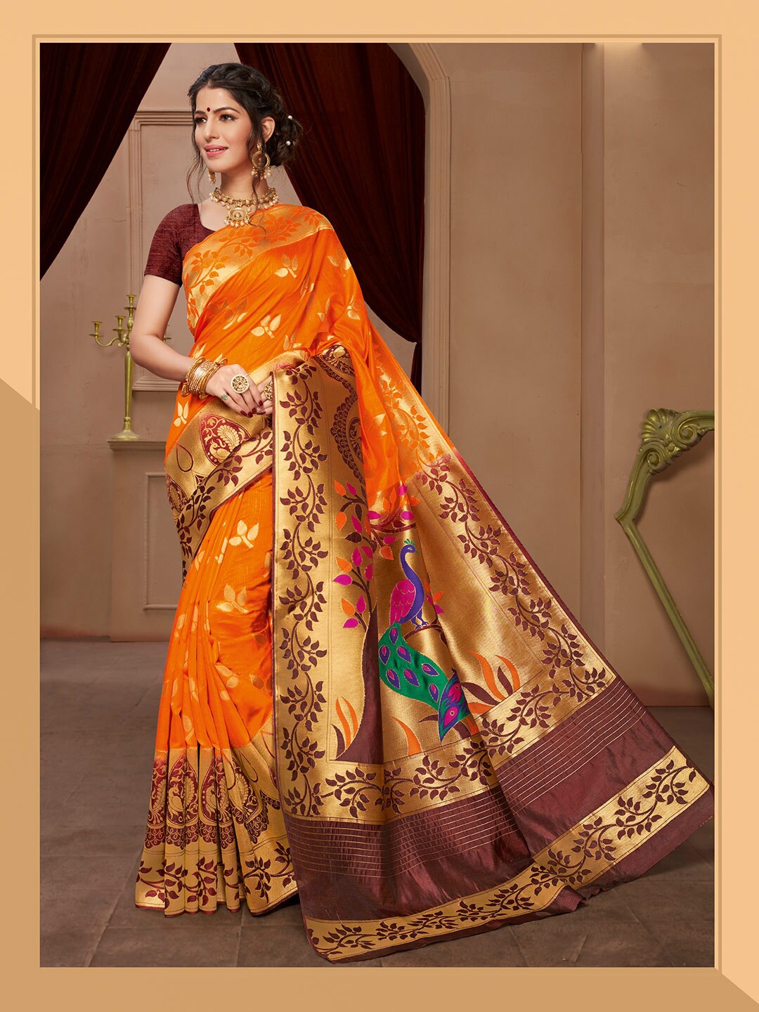 

Shaily Orange & Gold-Toned Woven Design Zari Silk Blend Paithani Saree