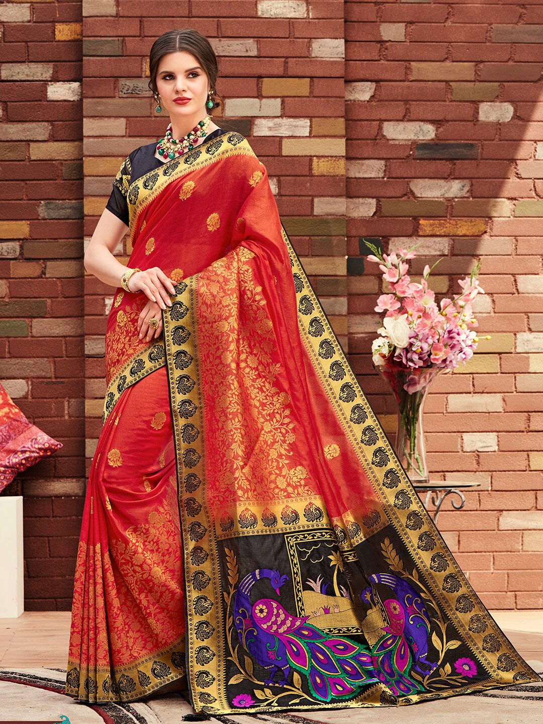 

Shaily Red & Gold-Toned Woven Design Zari Silk Blend Paithani Saree