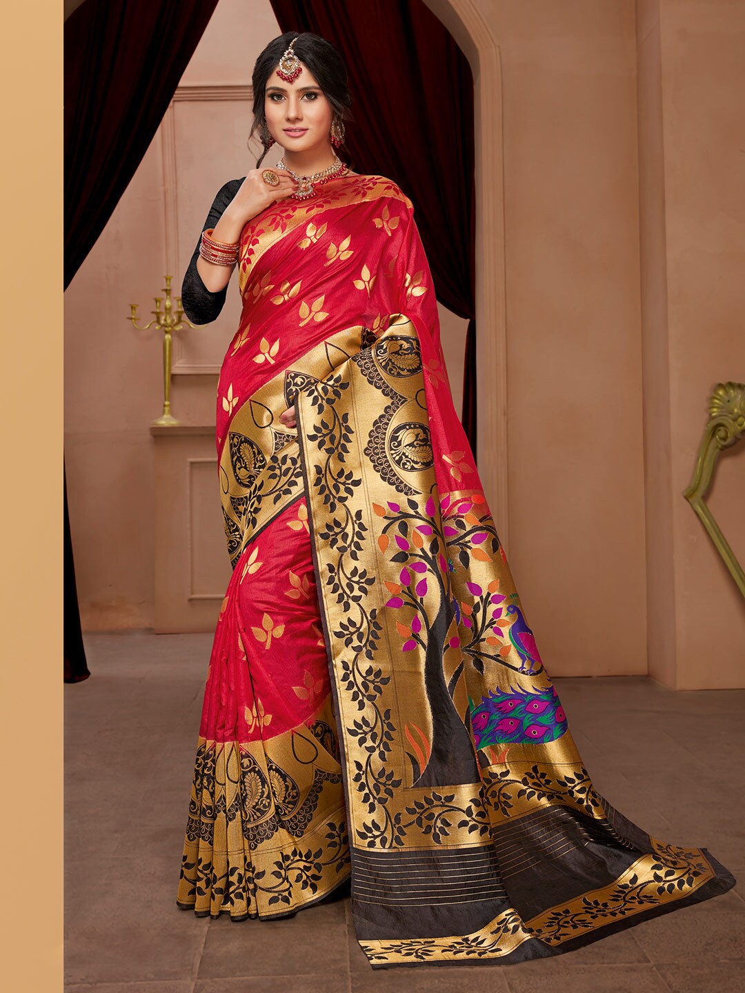 

Shaily Red & Gold-Toned Ethnic Motifs Zari Silk Blend Paithani Saree