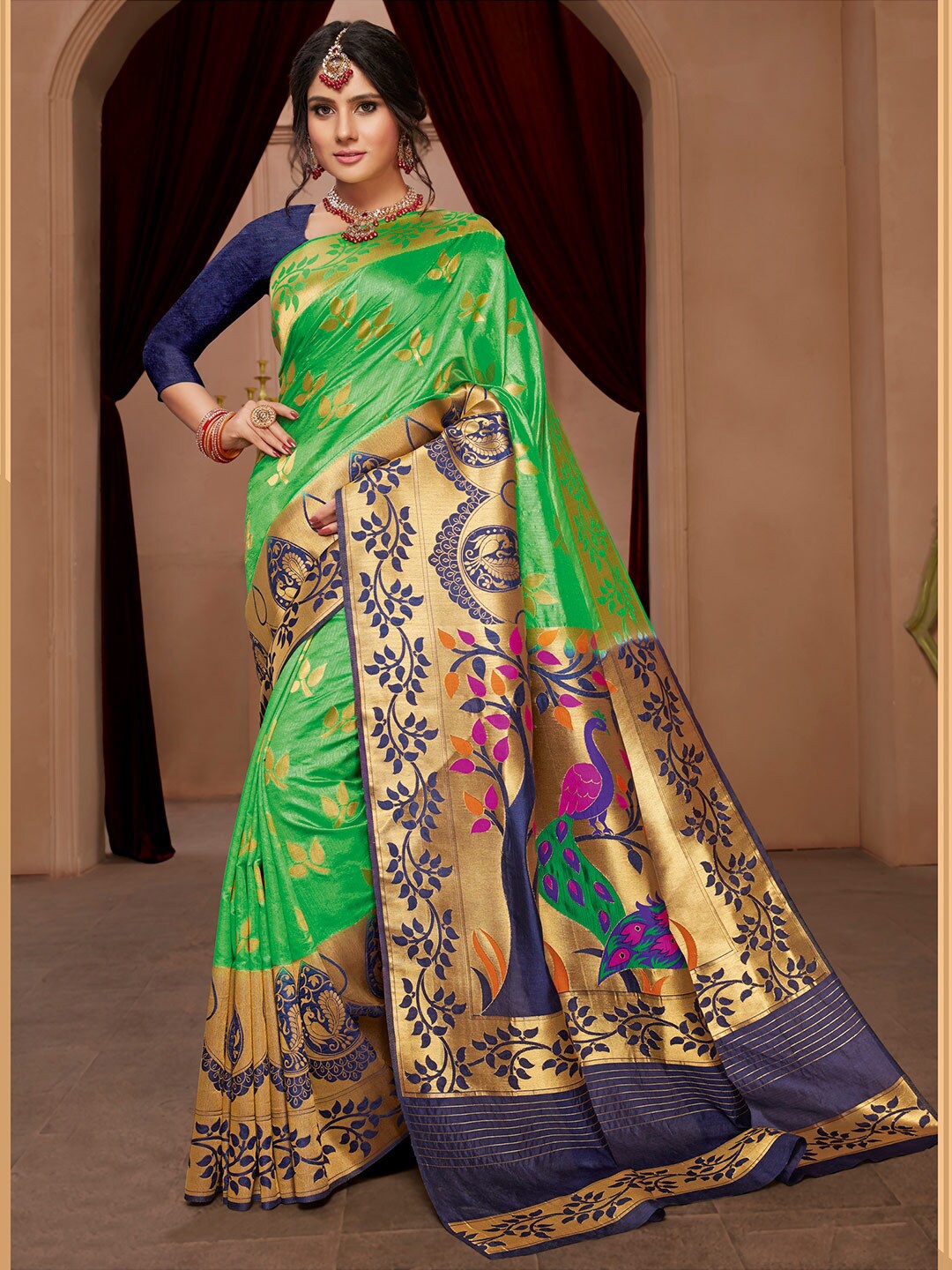 

Shaily Green & Blue Woven Design Zari Silk Blend Paithani Saree