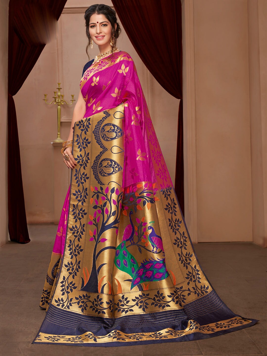 

Shaily Pink & Gold-Toned Woven Design Zari Silk Blend Paithani Saree