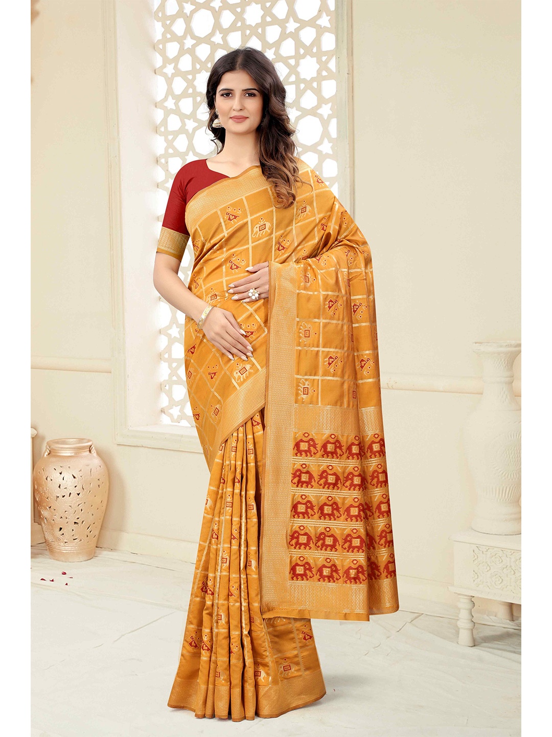 

Mizzific Yellow & Red Woven Design Zari Silk Cotton Banarasi Saree