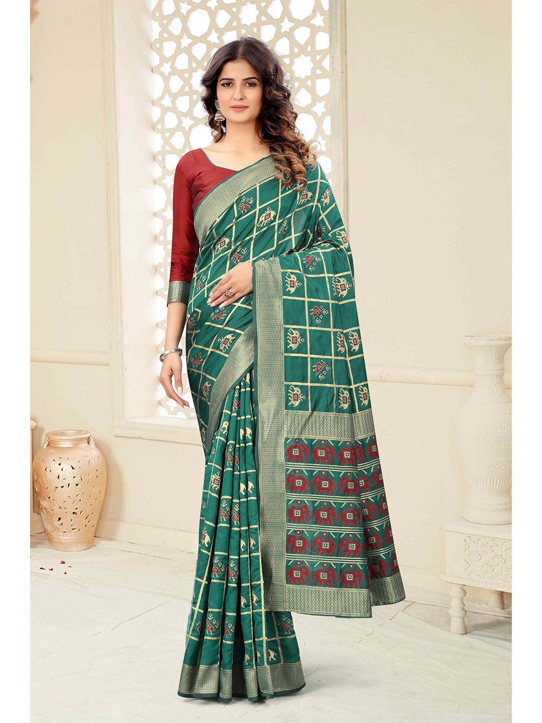 

Mizzific Green & Red Woven Design Zari Silk Cotton Banarasi Saree