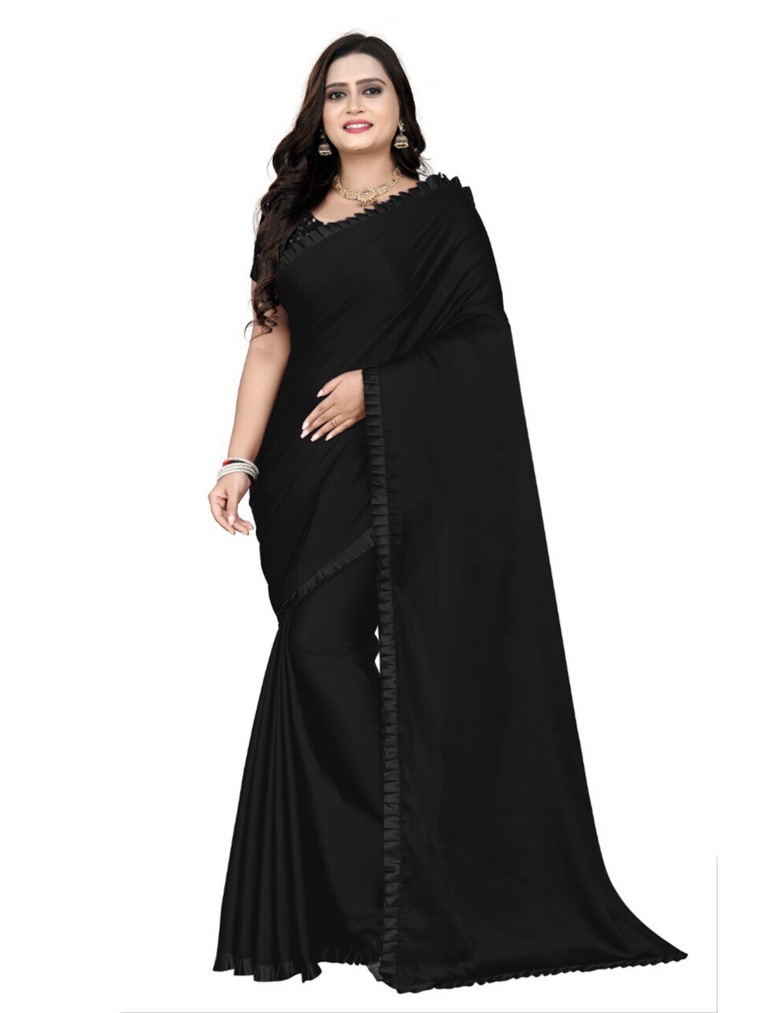 

Mizzific Black & Silver-Toned Satin Saree