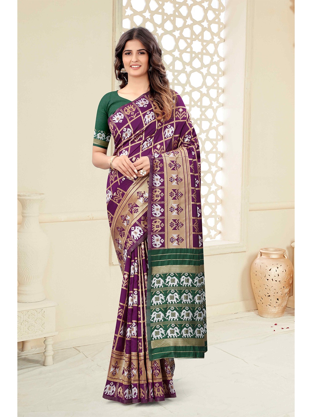 

Mizzific Purple & Green Ethnic Motifs Silk Cotton Banarasi Saree