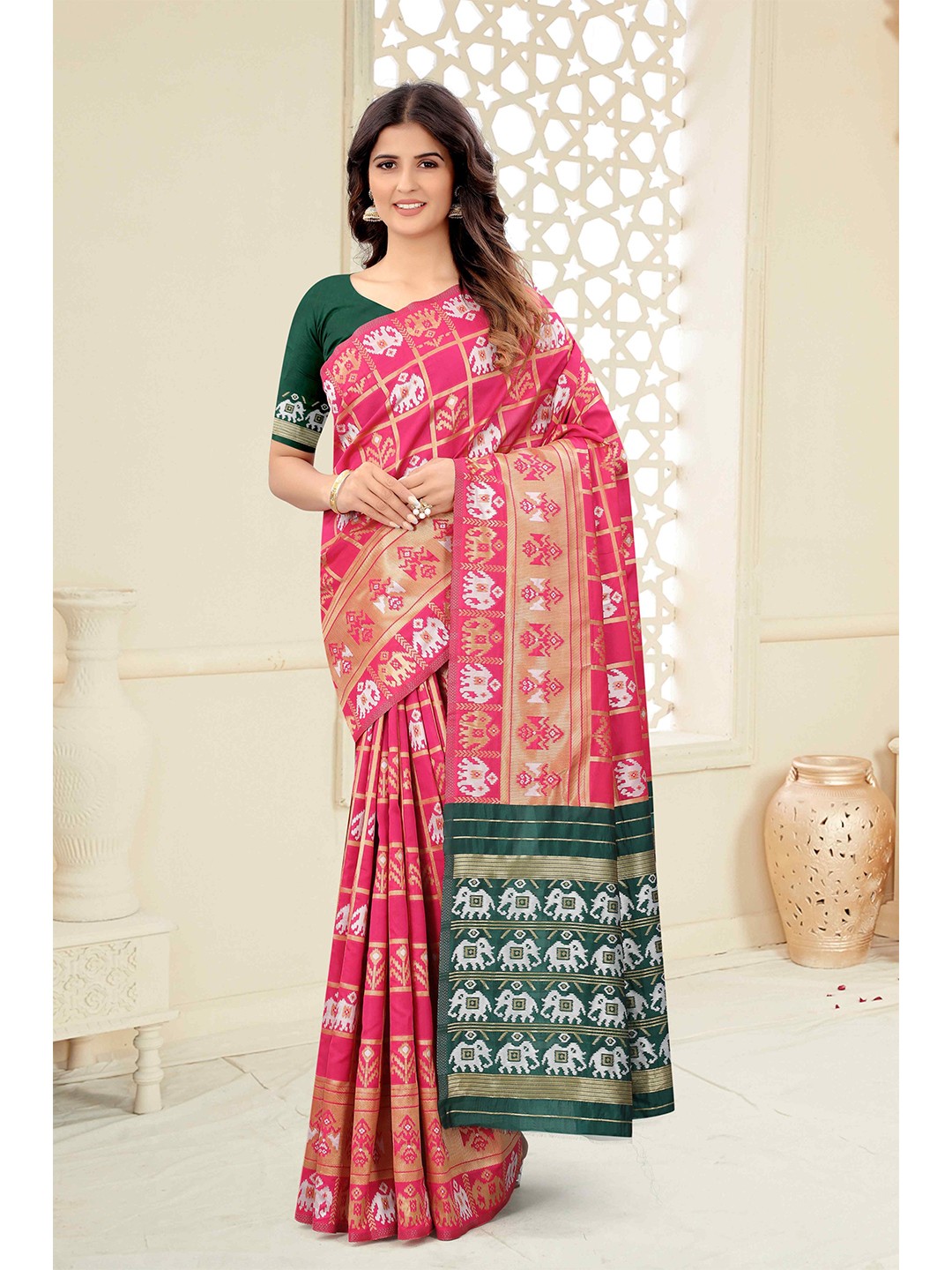 

Mizzific Women Pink & Green Woven Design Zari Silk Cotton Banarasi Saree