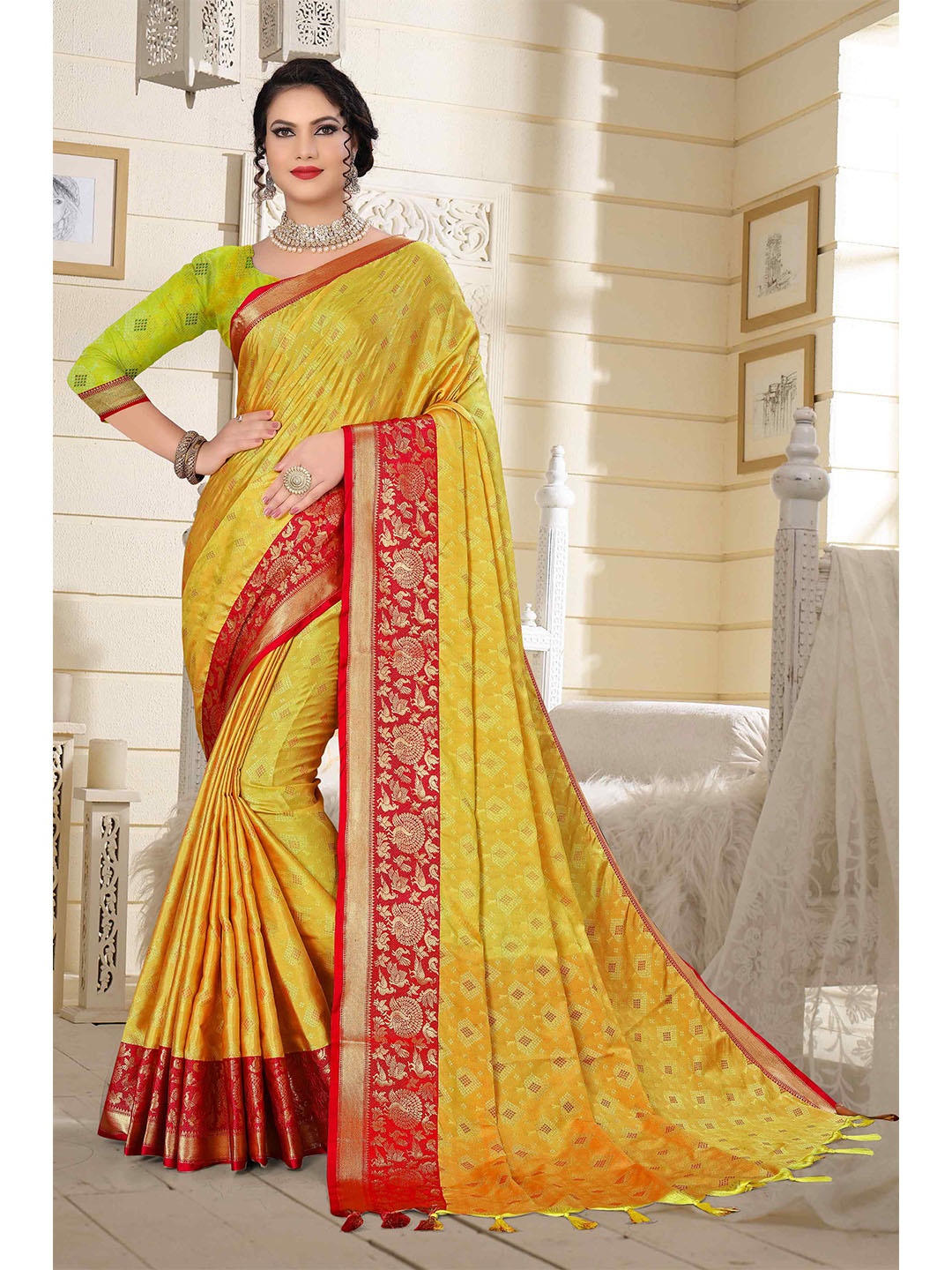 

Mizzific Women Yellow & Gold-Toned Zari Silk Cotton Kanjeevaram Saree