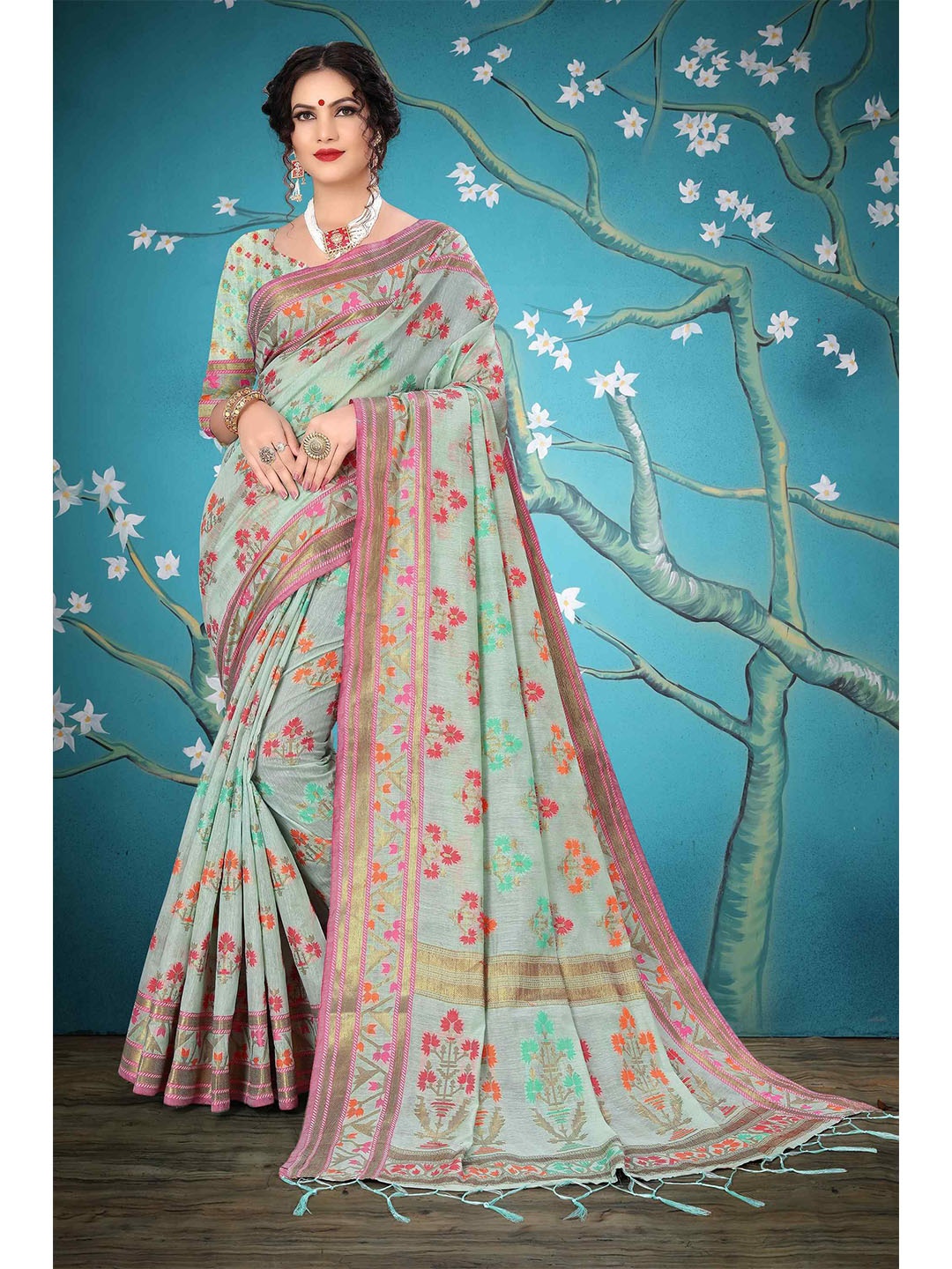 

Mizzific Green & Red Floral Pure Cotton Chanderi Saree