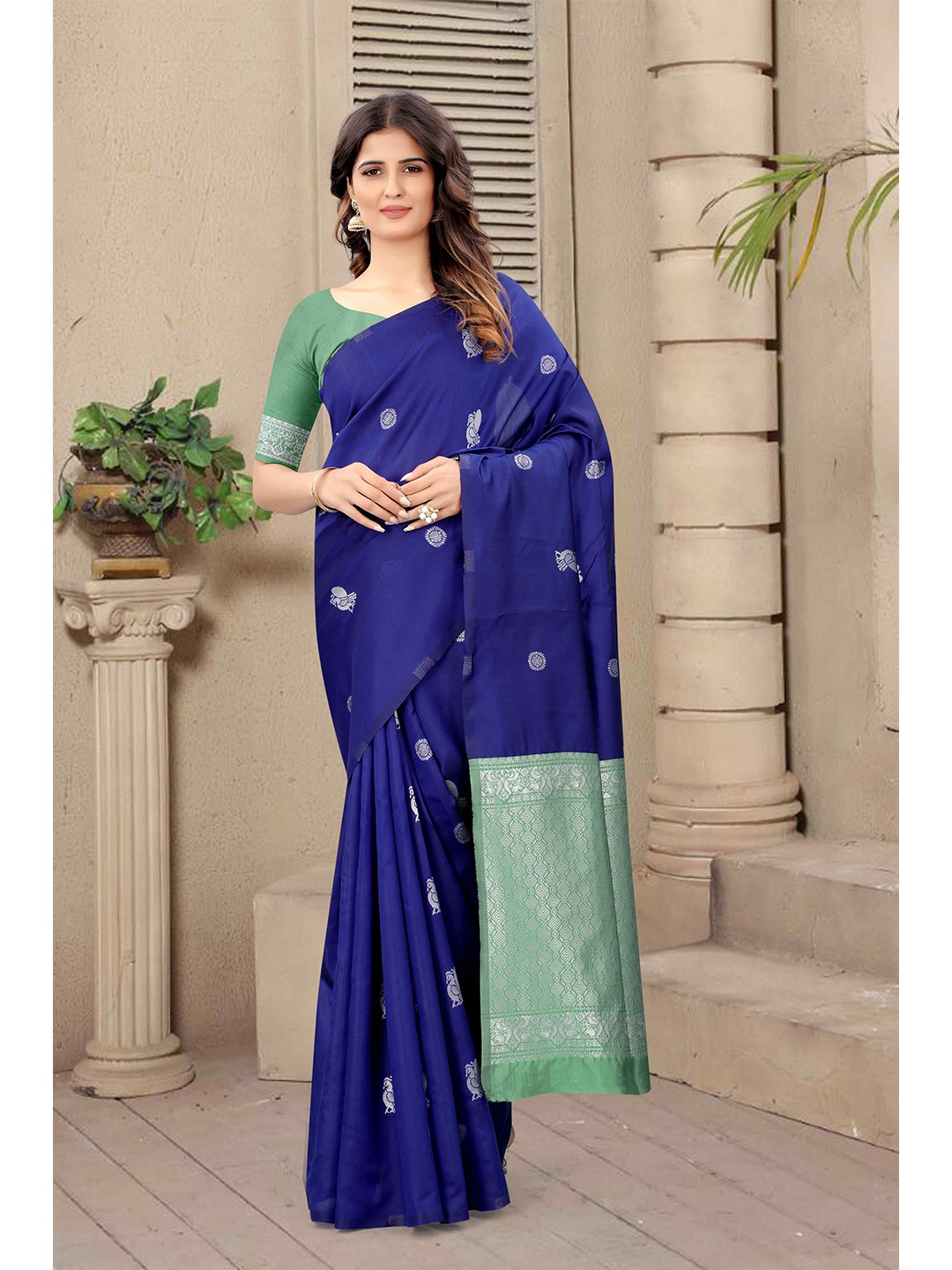 

Mizzific Blue & Silver-Toned Woven Design Zari Silk Cotton Banarasi Saree