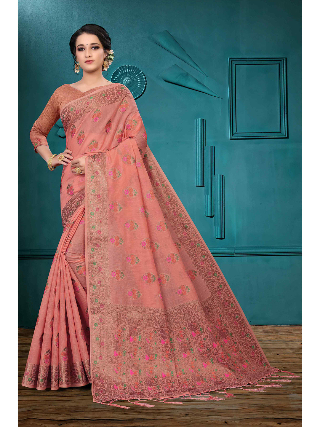 

Mizzific Pink & Gold-Toned Woven Design Zari Pure Cotton Chanderi Saree