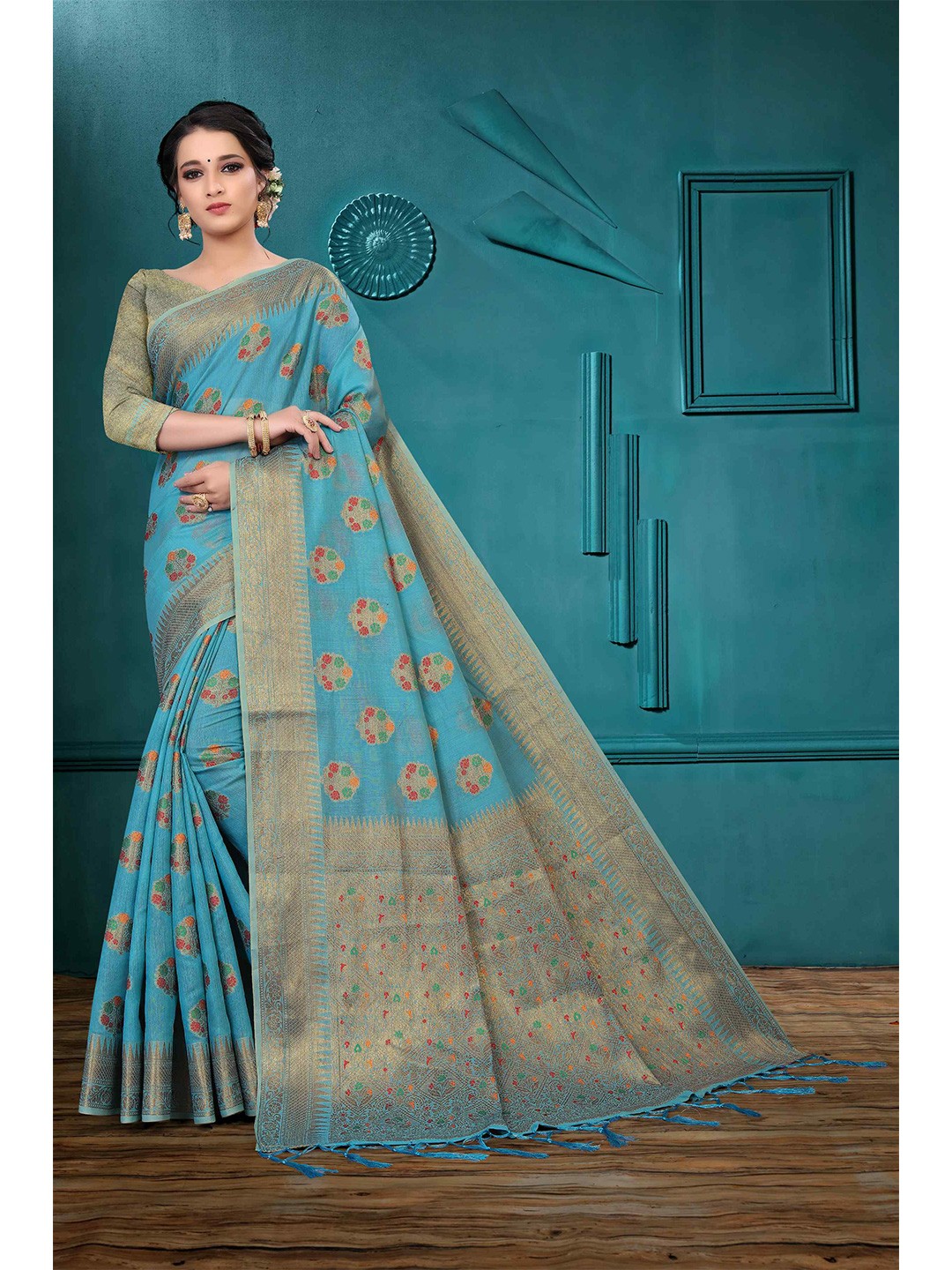 

Mizzific Turquoise Blue & Gold-Toned Woven Design Zari Pure Cotton Chanderi Saree