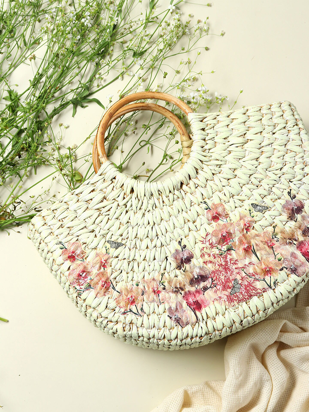 

HABERE INDIA Pink Half Moon Printed Floral Handheld Hamper Basket Bag