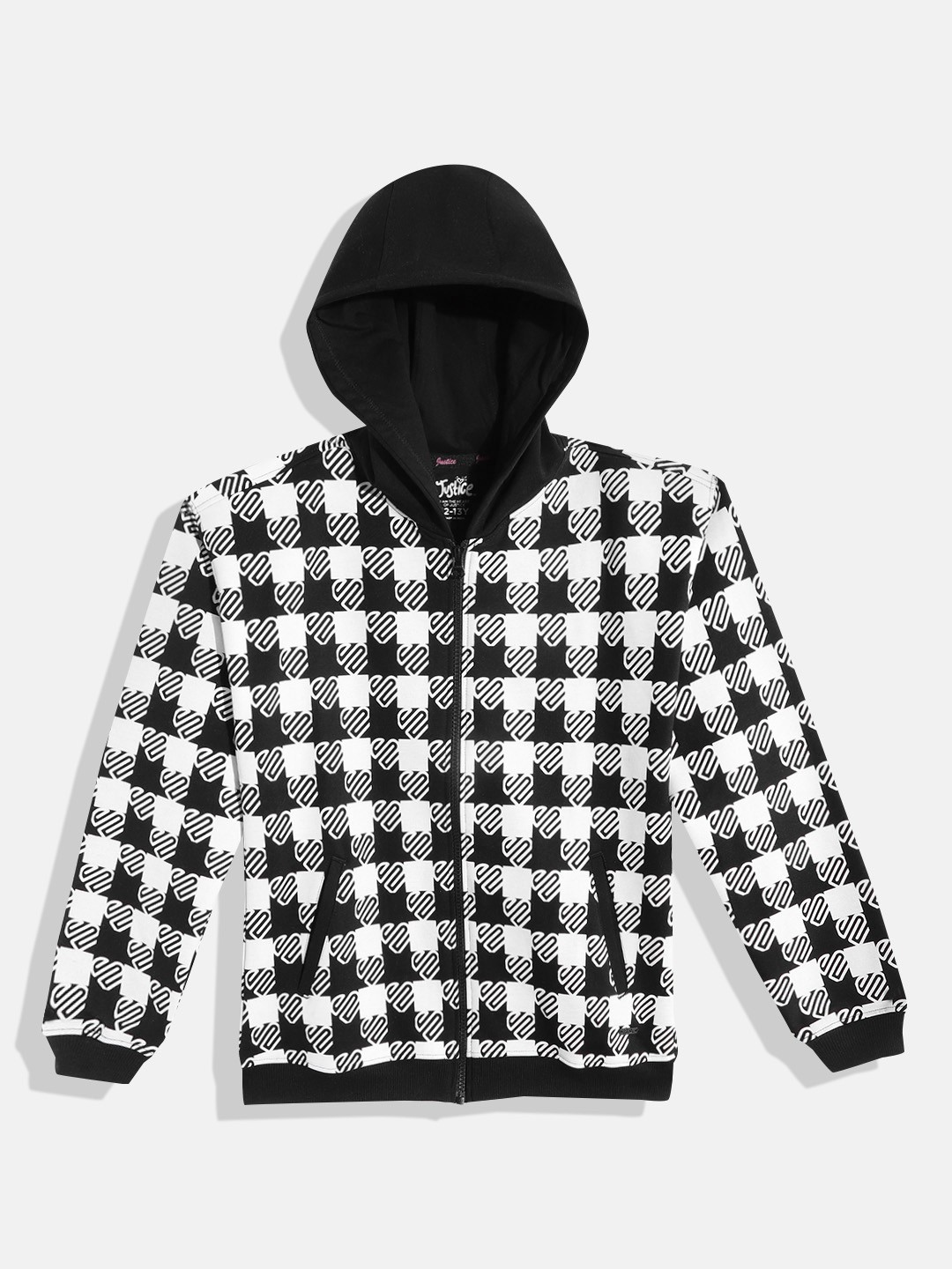 

JUSTICE Girls Black & White Geometric Print Hooded Sweatshirt