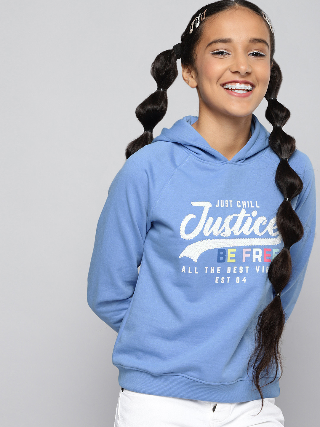 

JUSTICE Girls Blue & White Typography Printed Sequin Embellished Hooded Sweatshirt