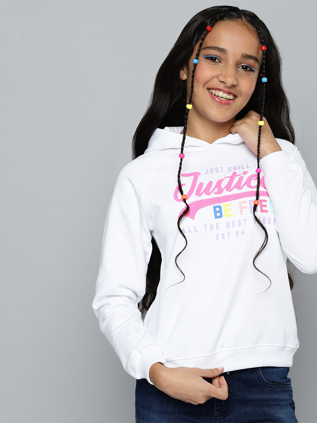 

JUSTICE Girls White & Pink Typography Printed Sequin Embellished Hooded Sweatshirt