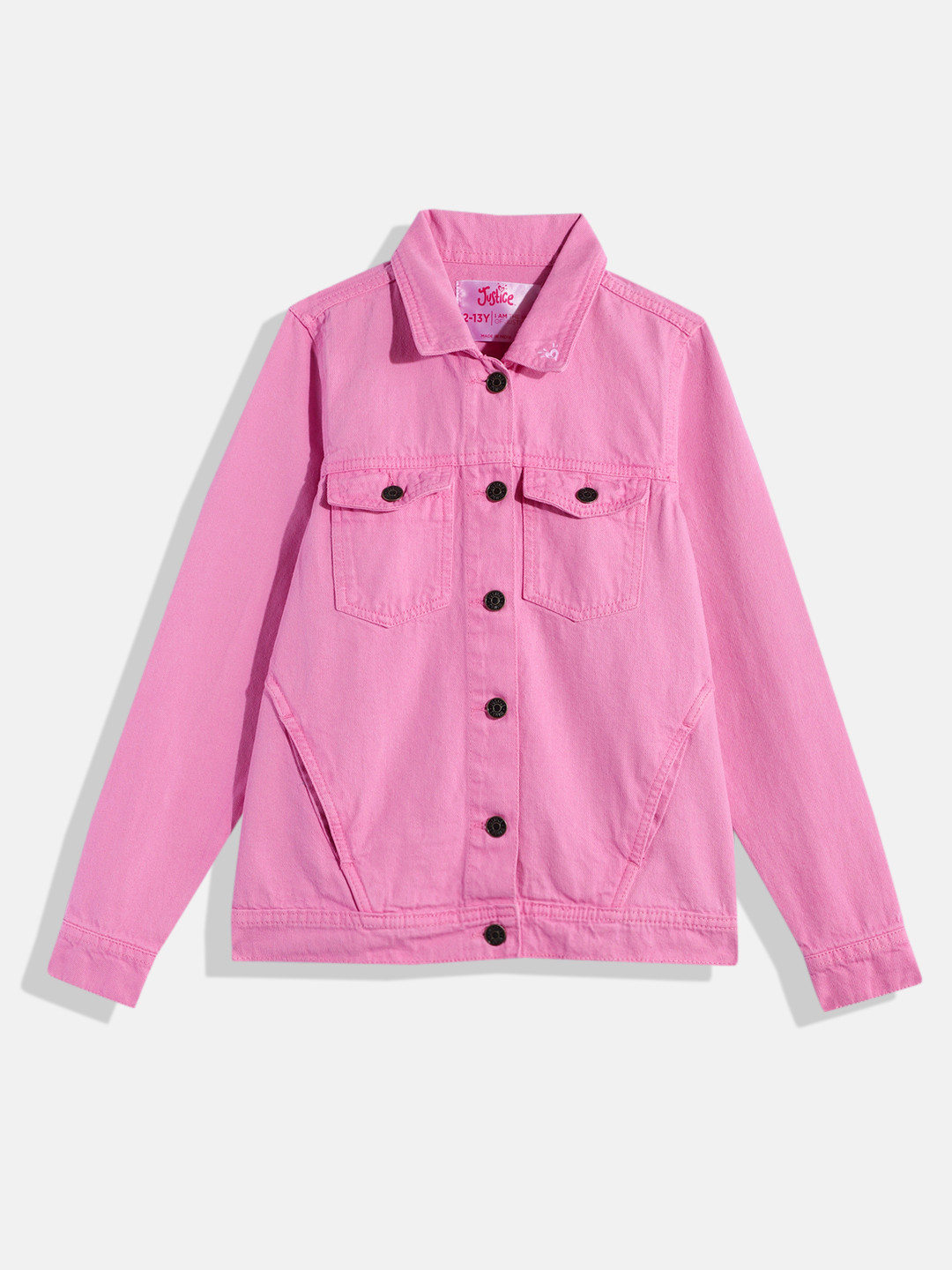 

JUSTICE Girls White Solid Pure Cotton Denim Jacket, Pink