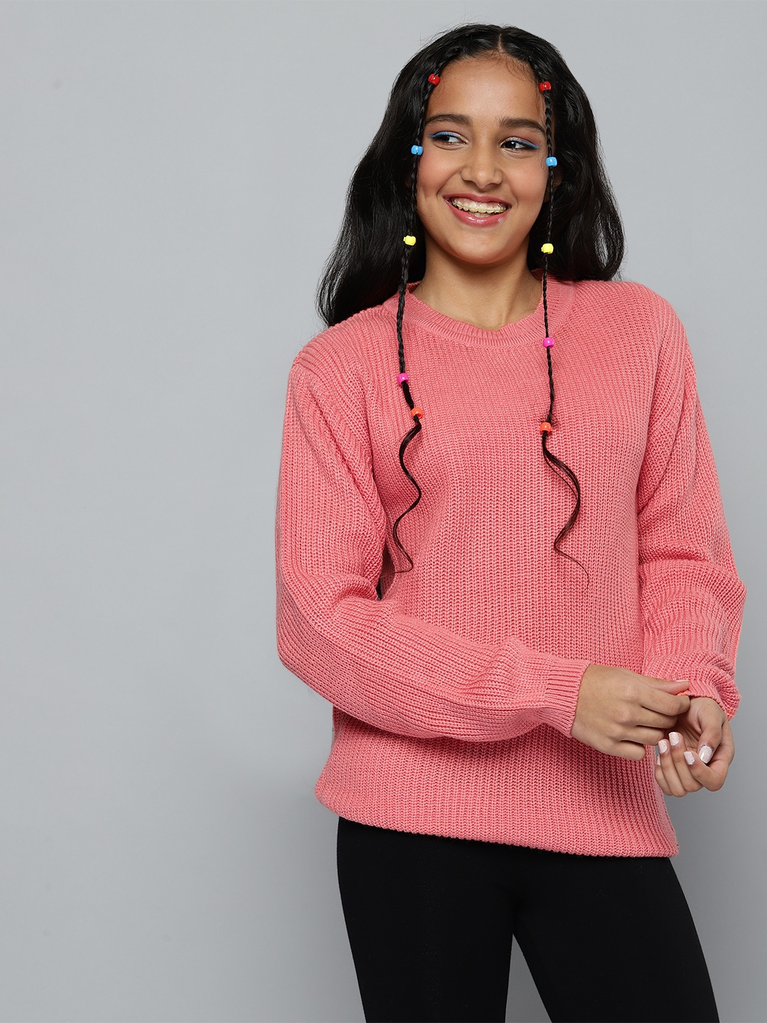 

JUSTICE Girls Peach-Coloured Solid Knitted Pullover