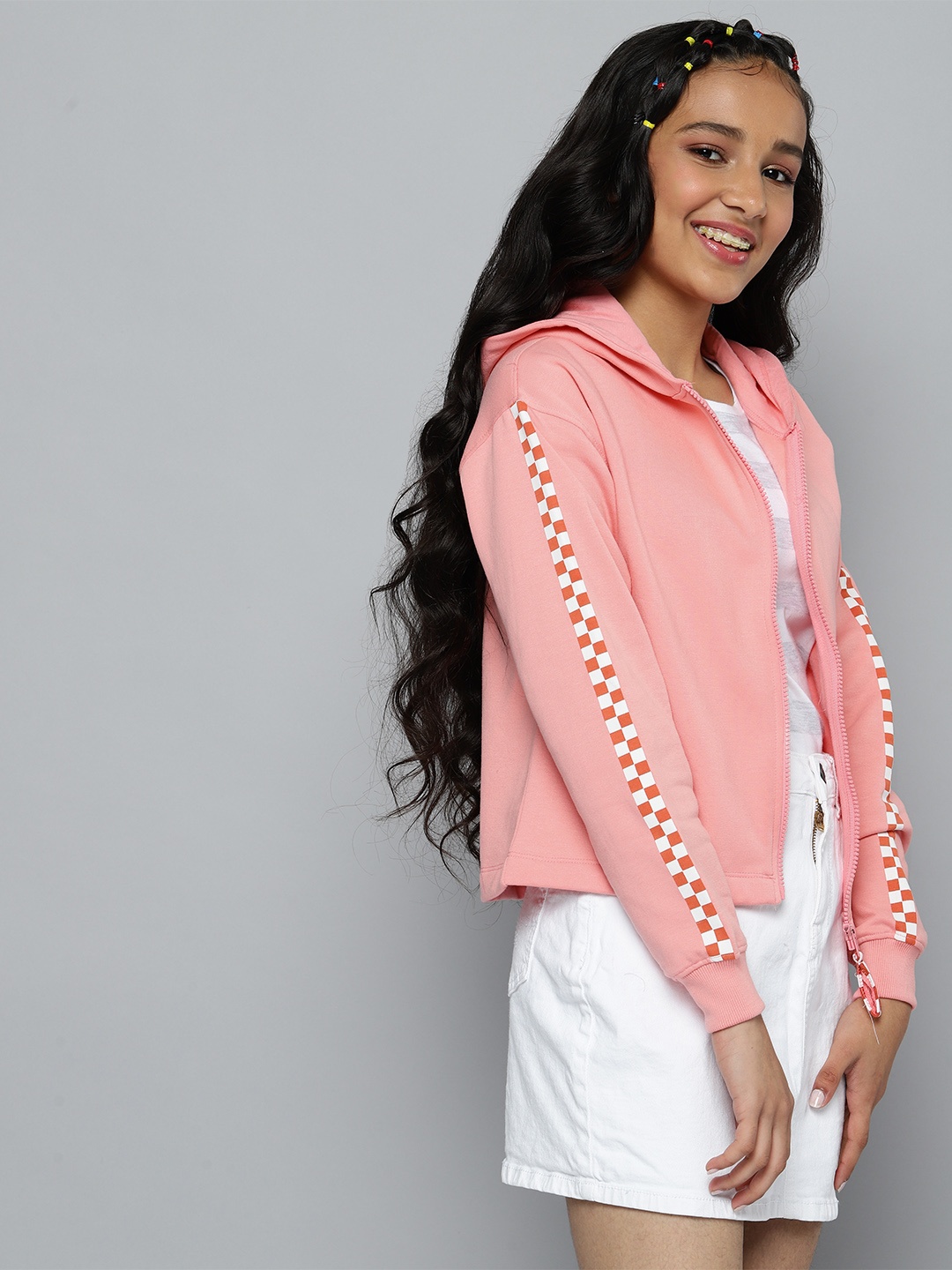

JUSTICE Girls Peach-Coloured Solid Hooded Sweatshirt